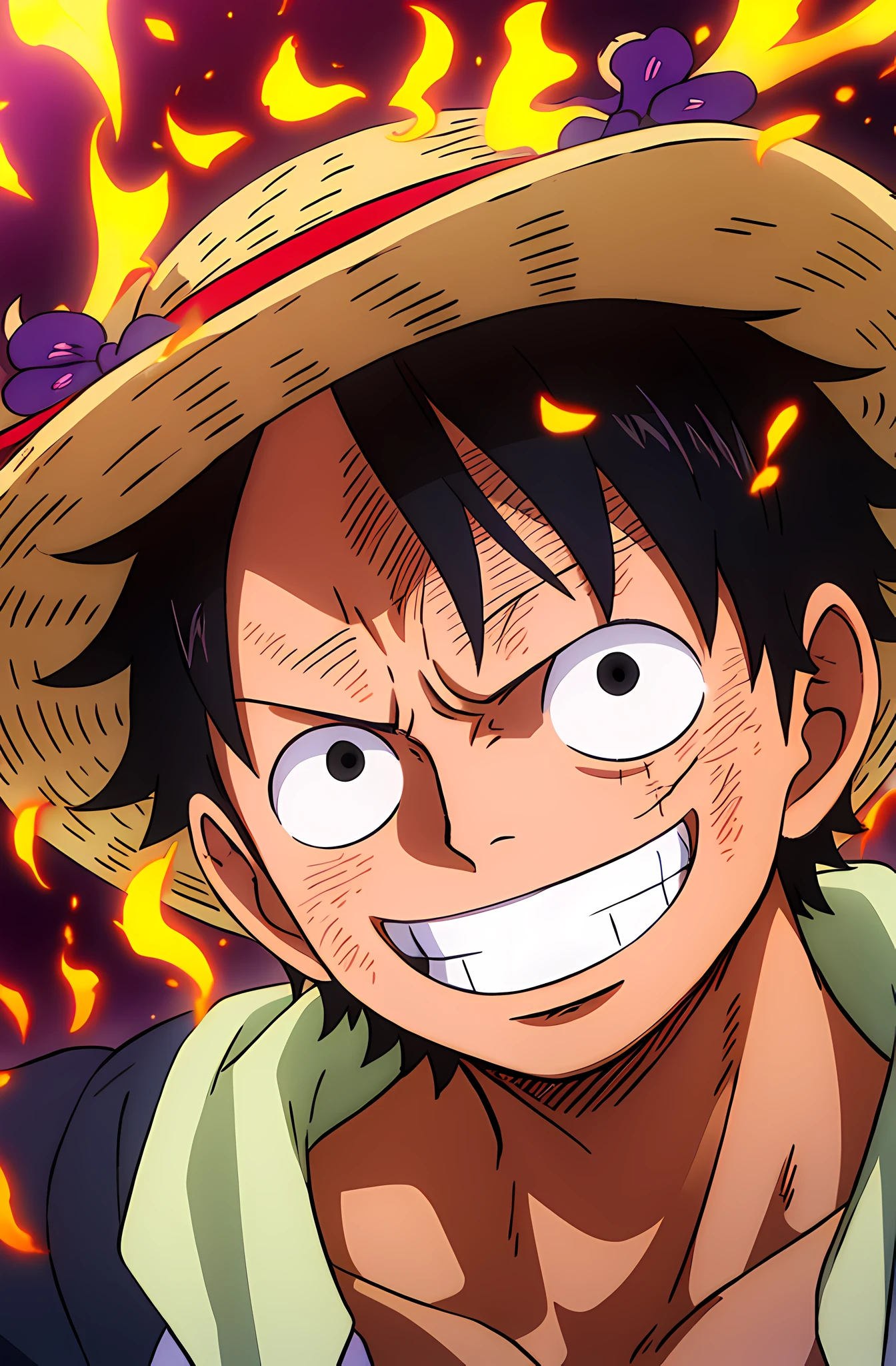 1boy, wanostyle, monkey d luffy, smiling, straw hat, looking at viewer, solo, upper body, ((masterpiece)), (best quality), (extremely detailed), depth of field, sketch, dark intense shadows, sharp focus, soft lighting, hdr, colorful, good composition, fire all around, spectacular, closed shirt, anime screencap, scar under eye, ready to fight, black eyes