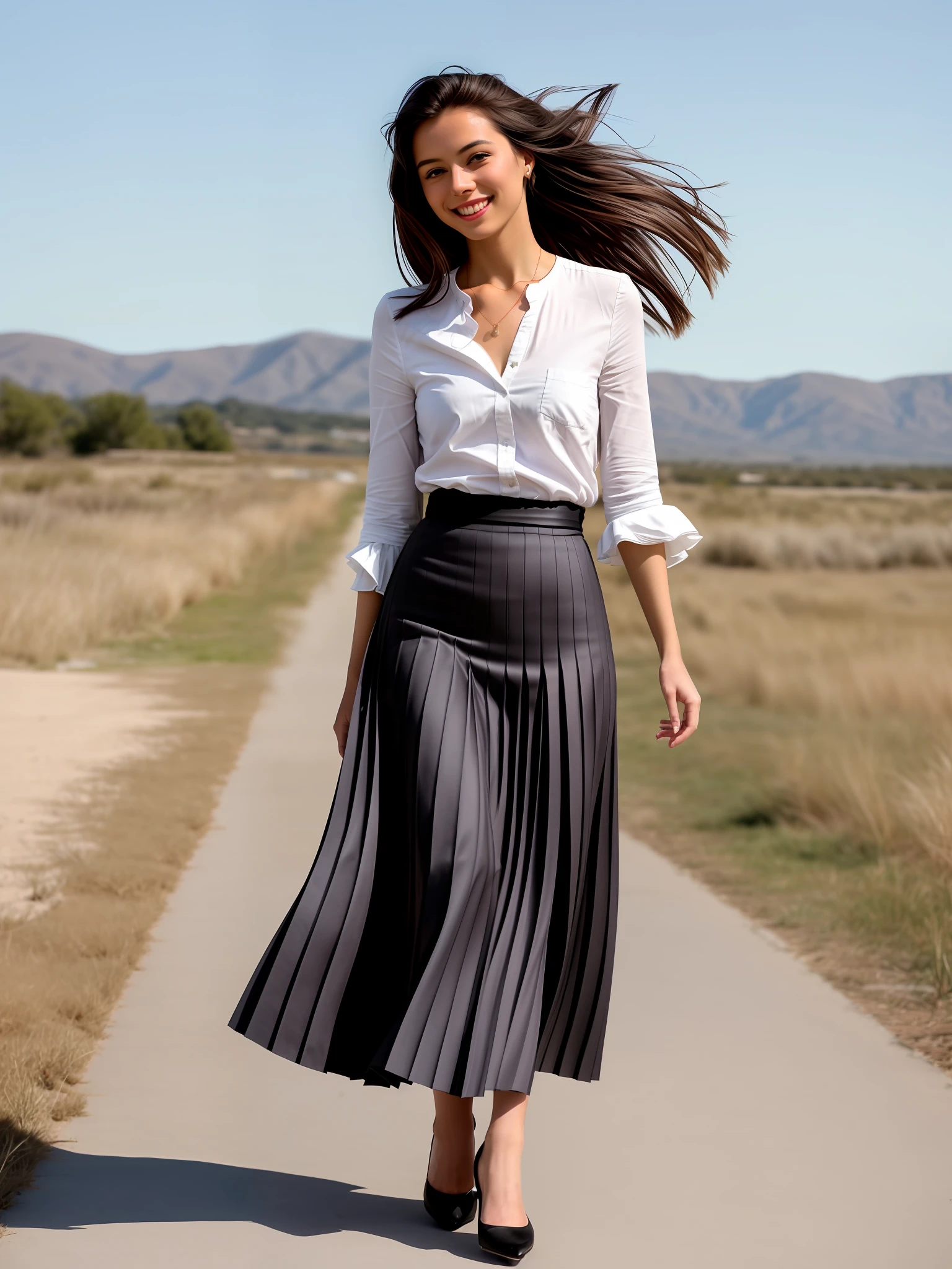 documetary photograph of a tender, compassionate, kind, flirty, shy smile, attractive, pretty, cute woman who loves you very much and she is wearing a long pleated skirt and short blazer and girly shoes, (wind blowing, windy:0,1)