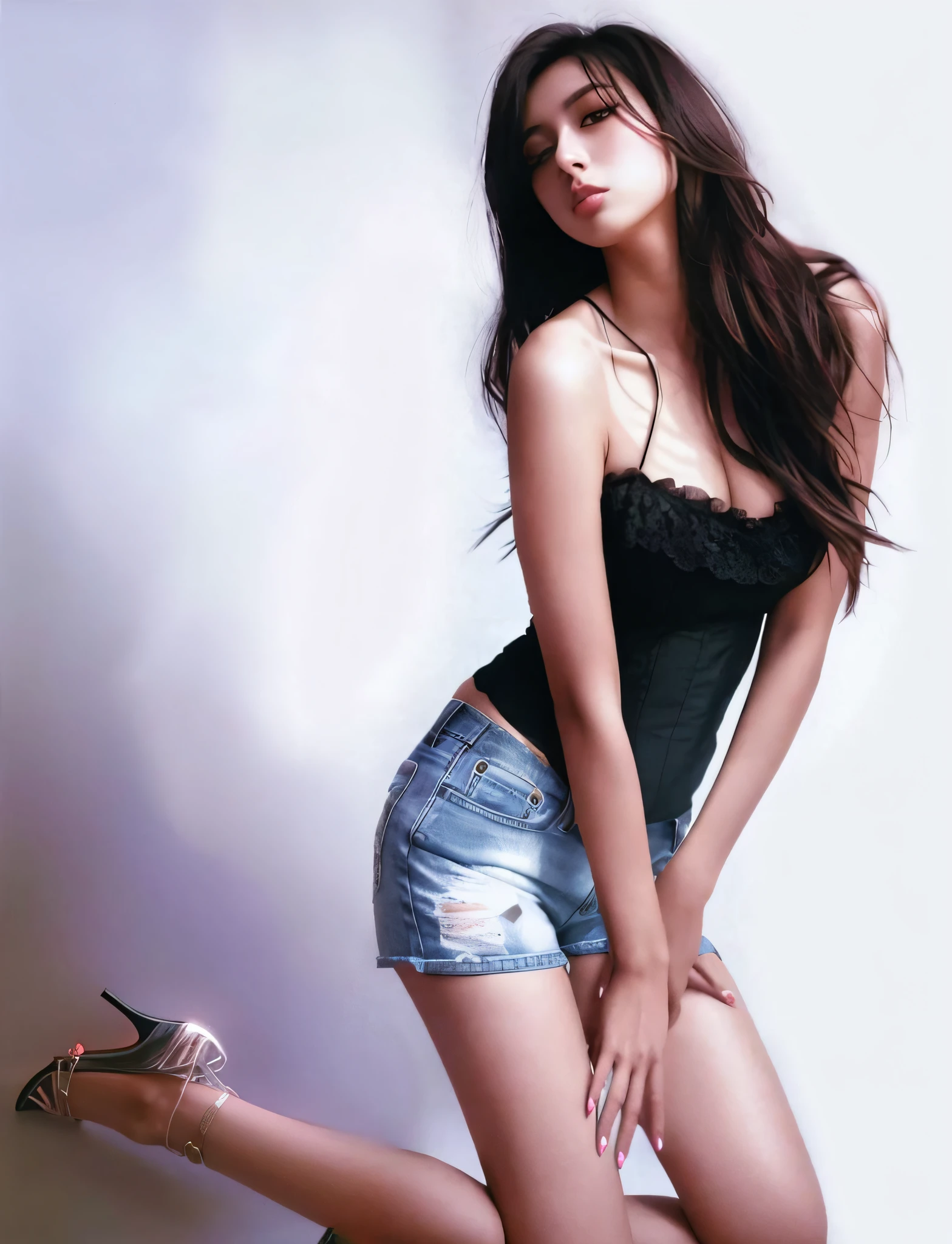 araffed asian woman in a black top and denim shorts posing for a picture, photo of slim girl model, modeling photography, beautiful girl model, beautiful model girl, fashion model photography, beautiful model, modeling shoot, beautiful female model, photo of slim girl, angela sarafyan, photoshoot, sexy girl, beutiful, 2 4 old female model, model shoot