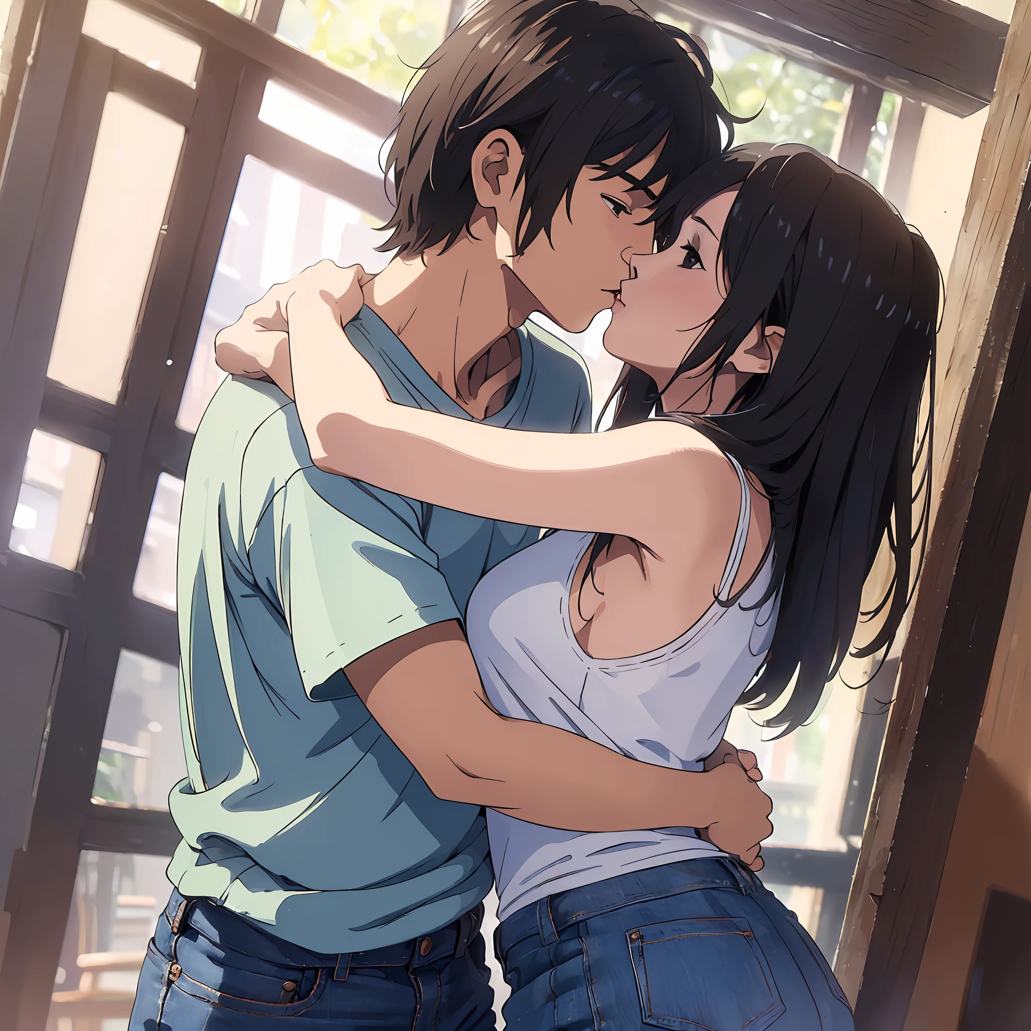 ((8k:1.27), top quality, masterpiece, ultra high definition:1.2),Man in his 20s in shirt and jeans, woman in her 20s in tank top and mini skirt, attractive photo, digitally enhanced, very perfect position,passionate pose, intimate hug, couple kiss --auto --s2