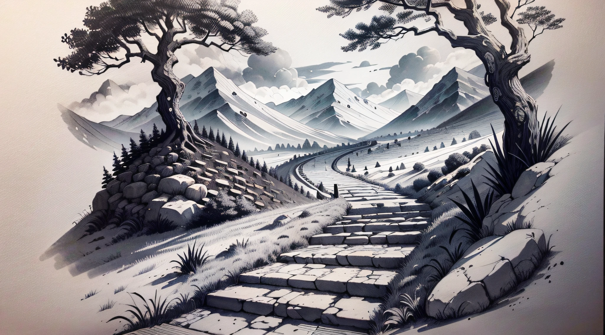 Traditional ink painting, there is a road with steps on the mountain, and the road with the front steps is the focus black and white