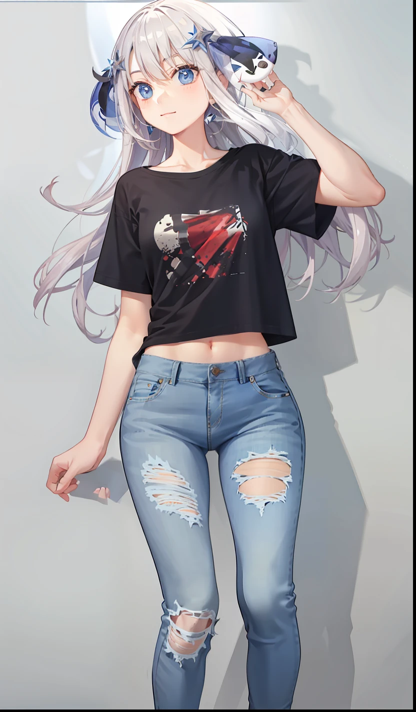 t-shirt, jeans, slender body, torn t-shirt, high quality, masterpiece