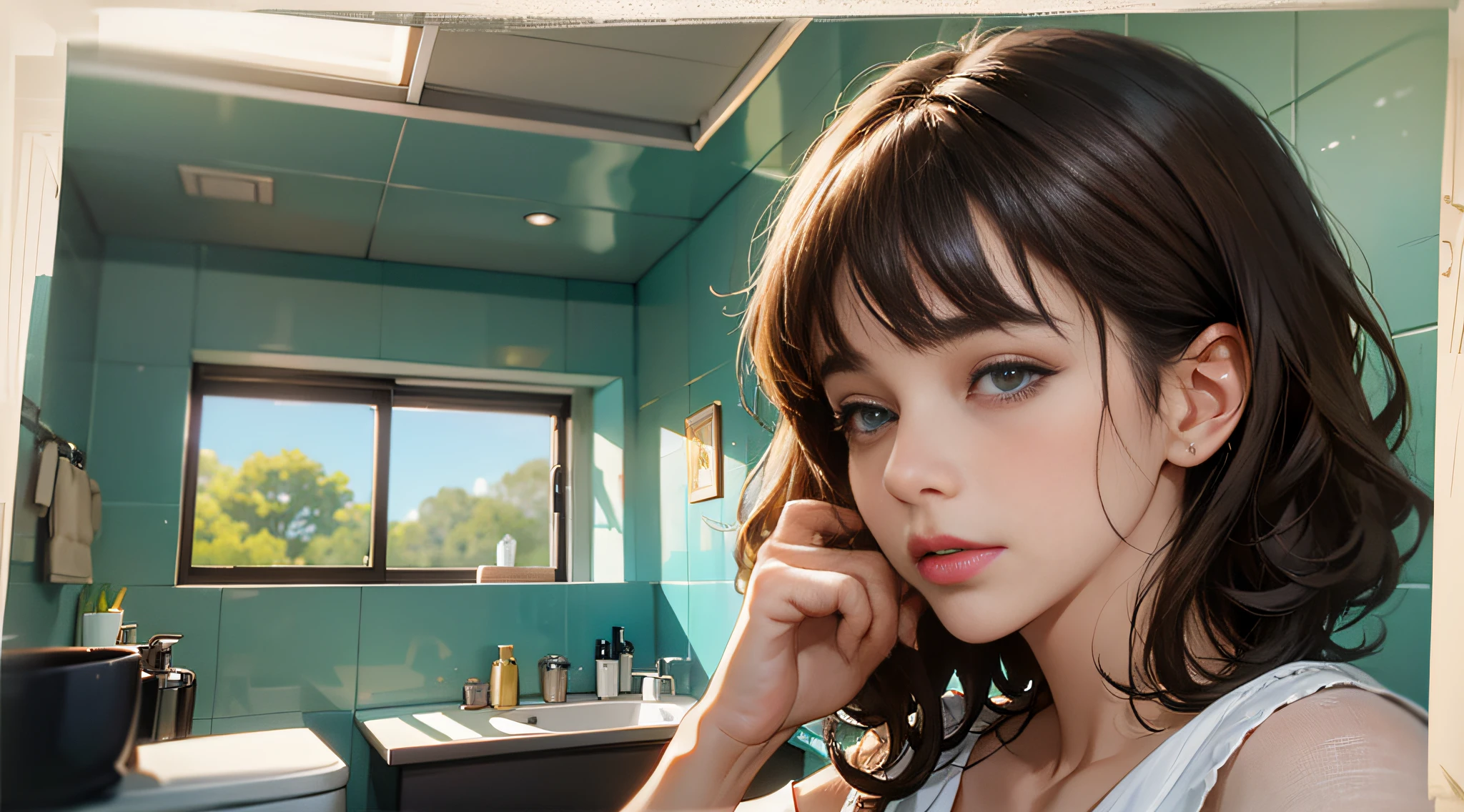 Woman, do sigh on sofa, (woman: 48 years old, short hair, straight hair, bangs, housewife), girl runs to the bathroom, bathroom in the background, (girl: 23 years old, curly hair, long hair, brunette hair, casual wear, slim), diorama drawing, anime, UHD, textured skin, high quality, high detail --auto --s2