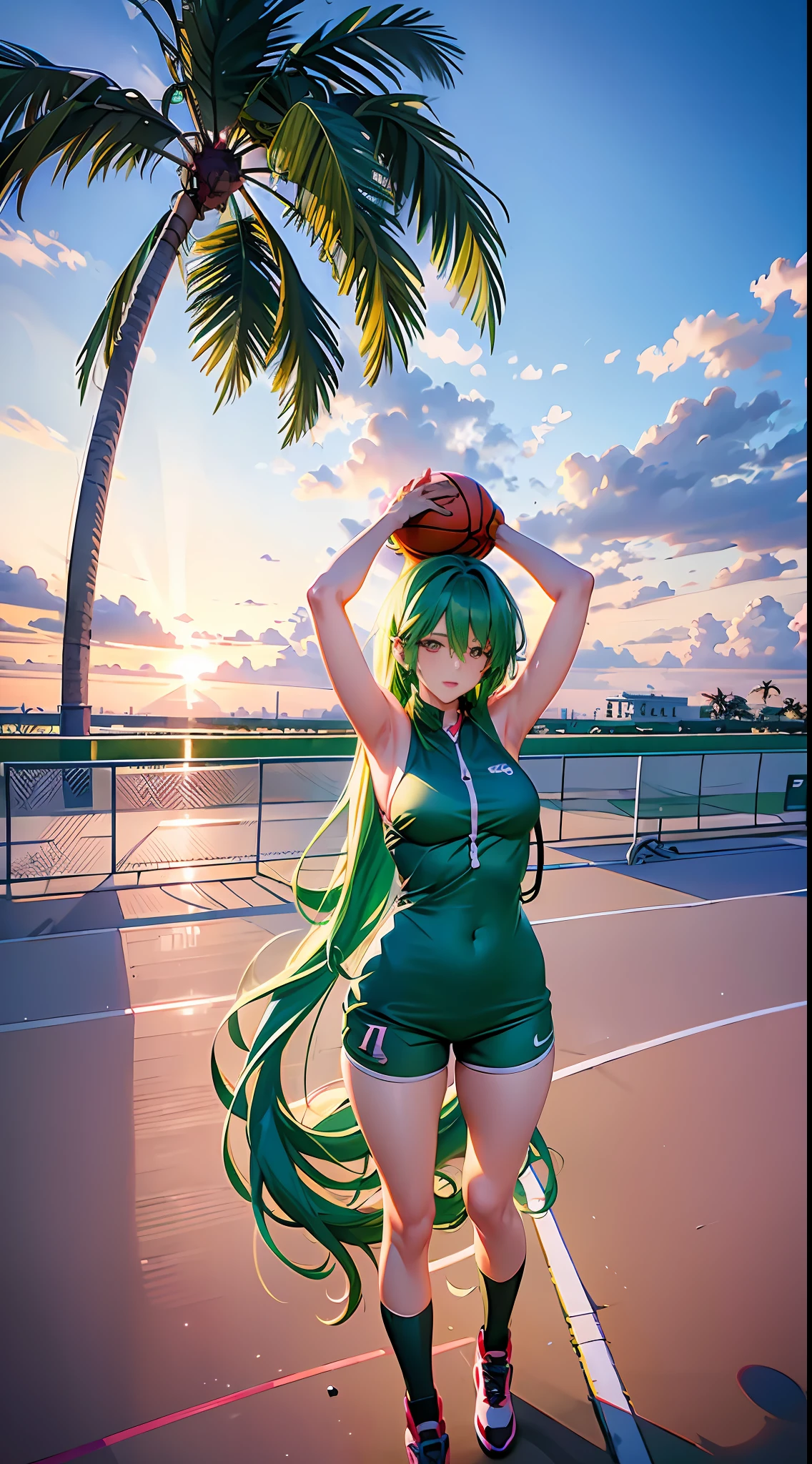 1 girl, green hair, long hair, big headphone, basket ball suit, pink play ground, miami beach, sunset, very cloudy, full body shot, very detail, high quality.