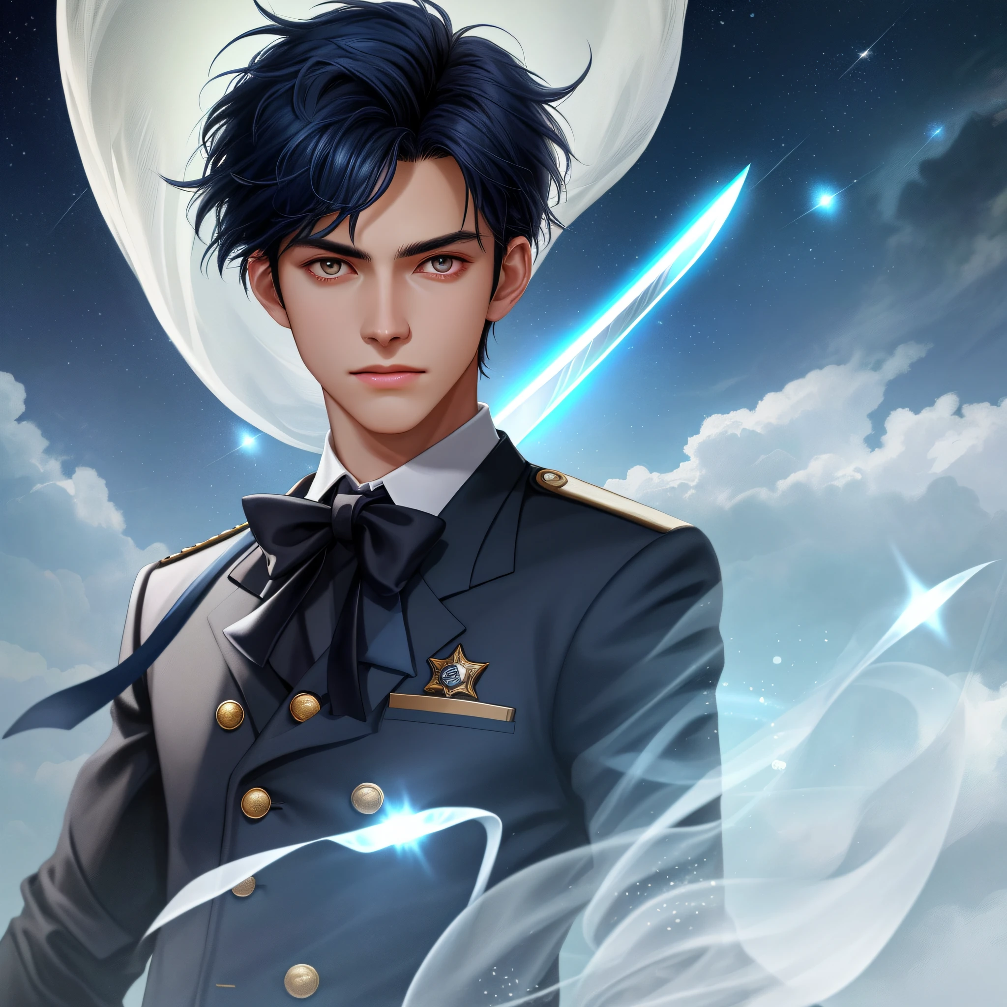 Young boy, handsome, navy blue hair, preppy uniform, sword-eyed stars, on the street, fang, surrealism, pov, atmospheric perspective, perspective, lens flare, macro photo, 85mm, bokeh, close-up, 8k, super detail, ccurate, best quality, UHD, masterpiece, ccurate, anatomically correct, high details, high quality