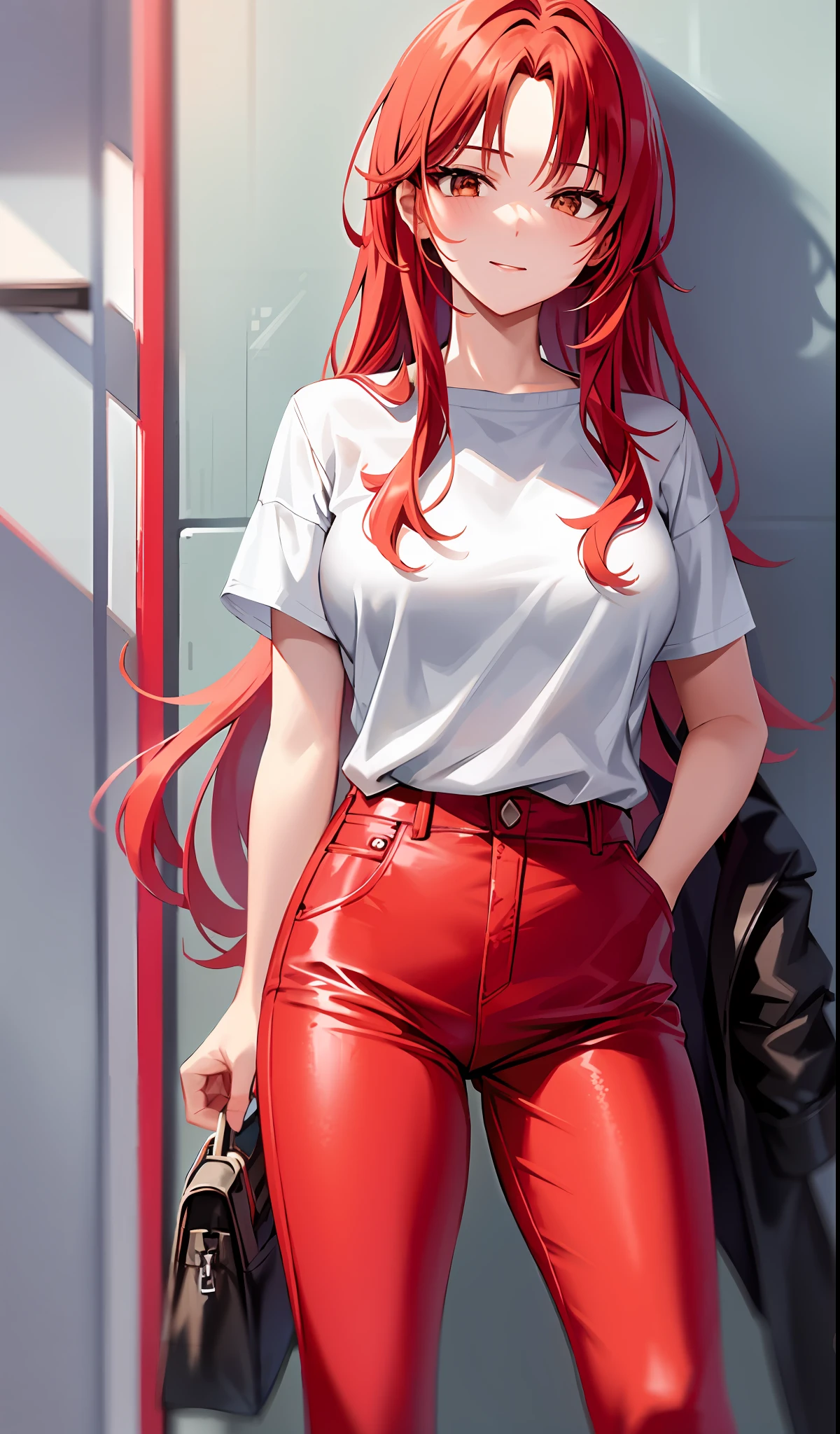 a woman in a white shirt and red pants is playing video game, simple style, wearing elegant casual clothes, muted red, simple clothes, milk and red style, casual clothing style, modern fashion outfit, wearing a fisher , casual modern clothing, inspo, red clothes, red pants, neutral tones, rred and white color scheme, casual business outfit, scary face, nike shoes, 22 years old, adult face, long hair, ((red hair))