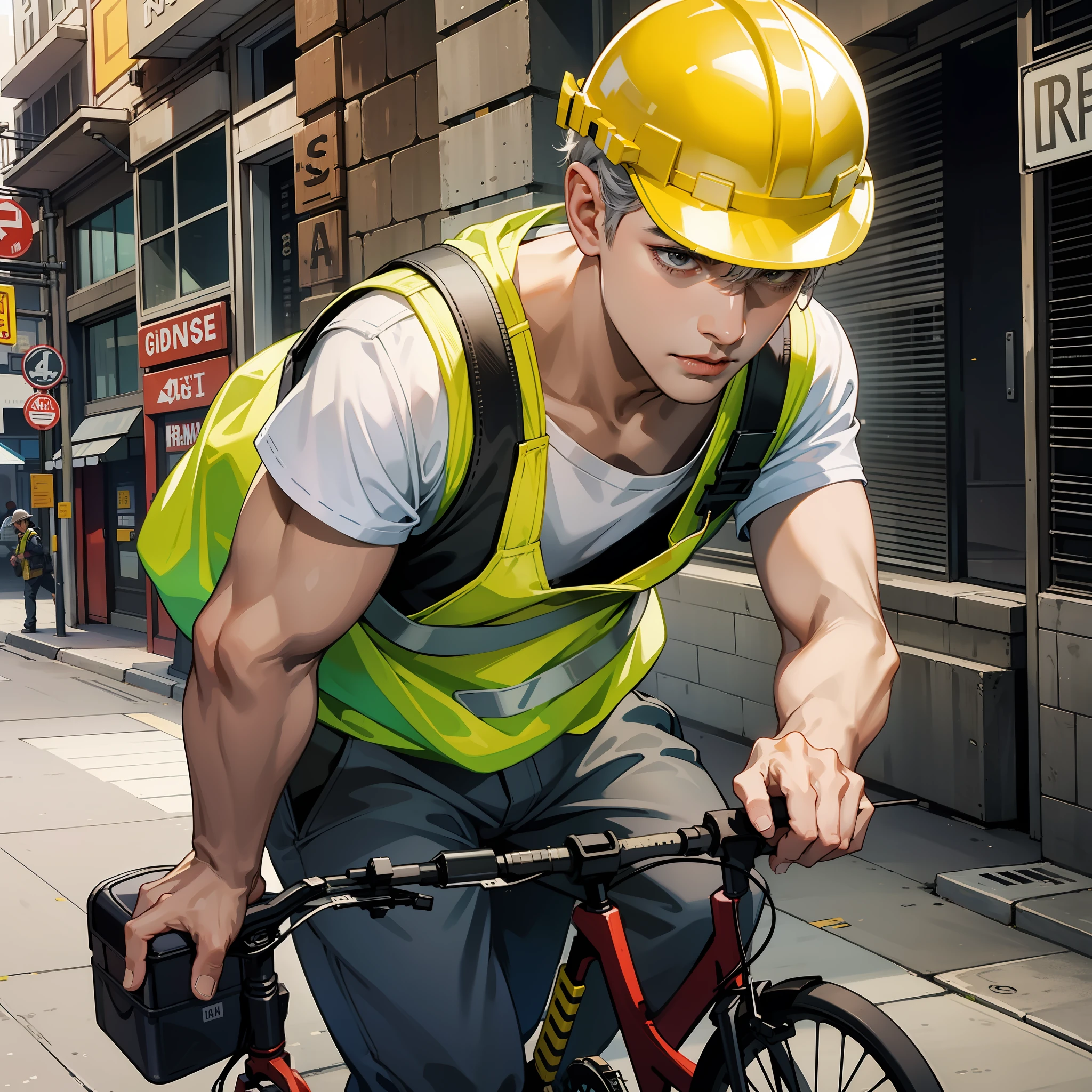 Male, middle-aged, gray hair, wrinkles, dark skin, pulling small children, wearing yellow hard hats, yellow vests, city streets