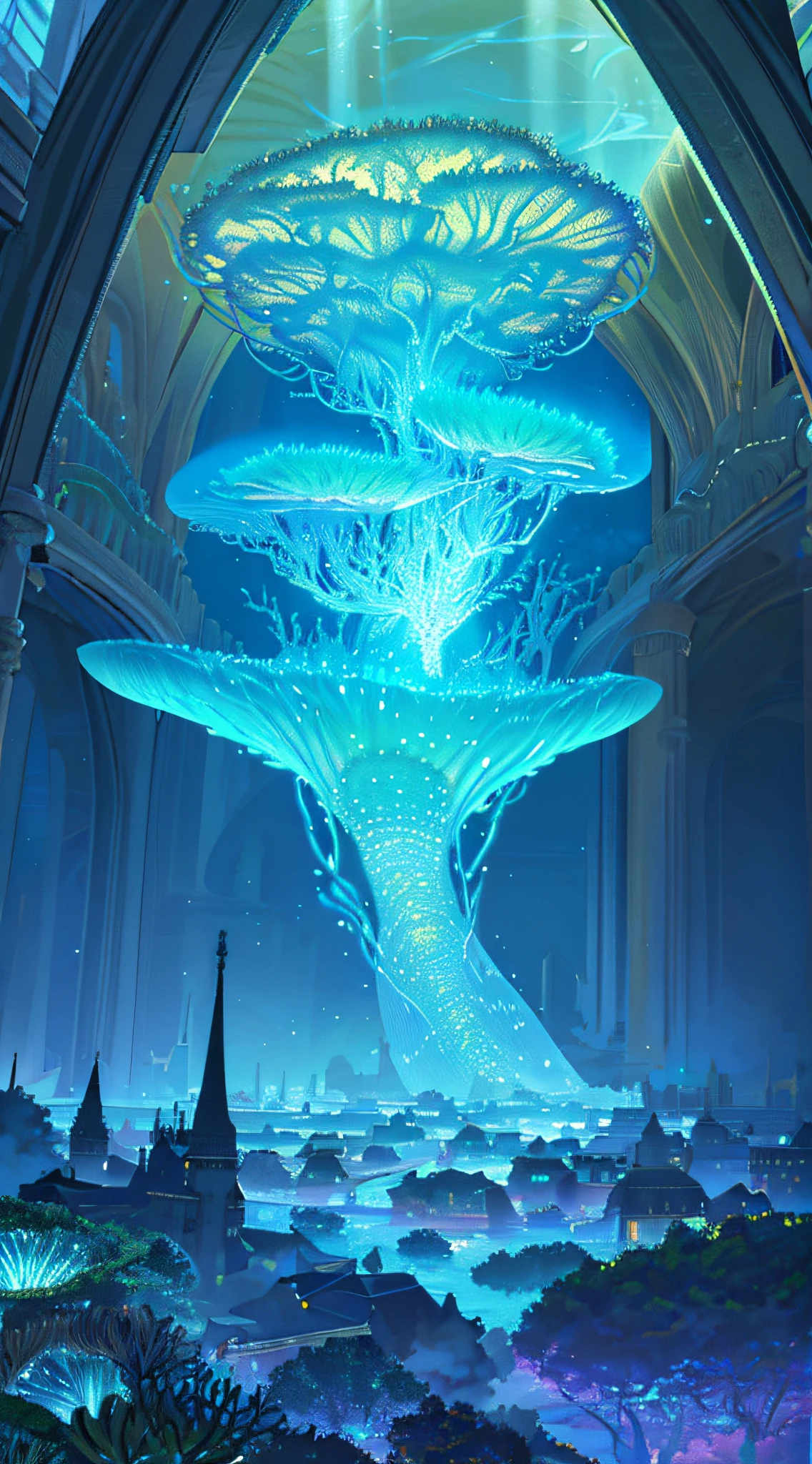 Masterpiece, High Quality, Ocean Forest, City, Fantastic Fantasy, Glowing Plants, Coral Viaduct, (Swarm of Glowing Jellyfish), (Shoal of Fish with Transparent Wings Flying in the Sky), Misty, Extreme Detail, Morning Light, Epic Composition, (Intricate Detail), (Intricate Design, Ultra Detail: 1.2), Art Station, (Masterpiece, Best Quality), Ultra HD, 32k ,castle,relic ,(Underworld),Underground --v 6