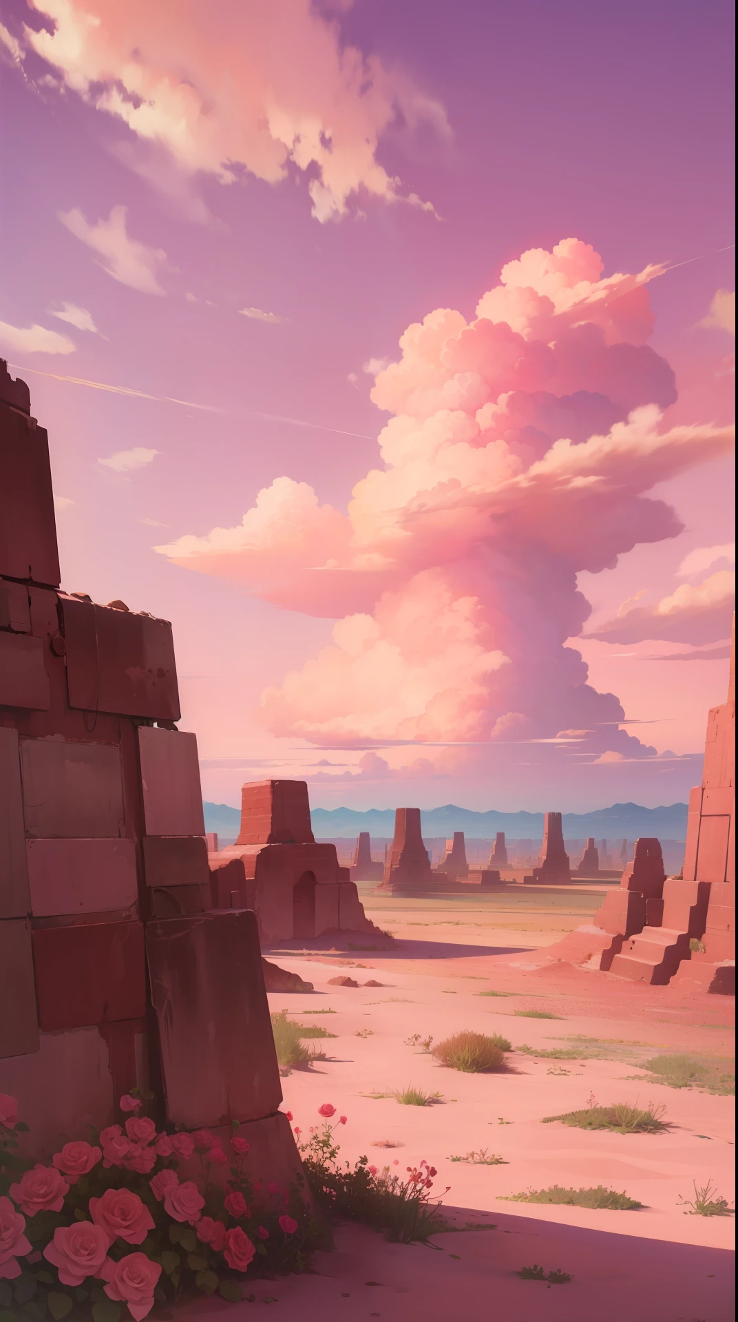 Summer, desert, pink clouds, a land overgrown with roses, James Gurney, art station rendering, ultra-wide lens, high definition