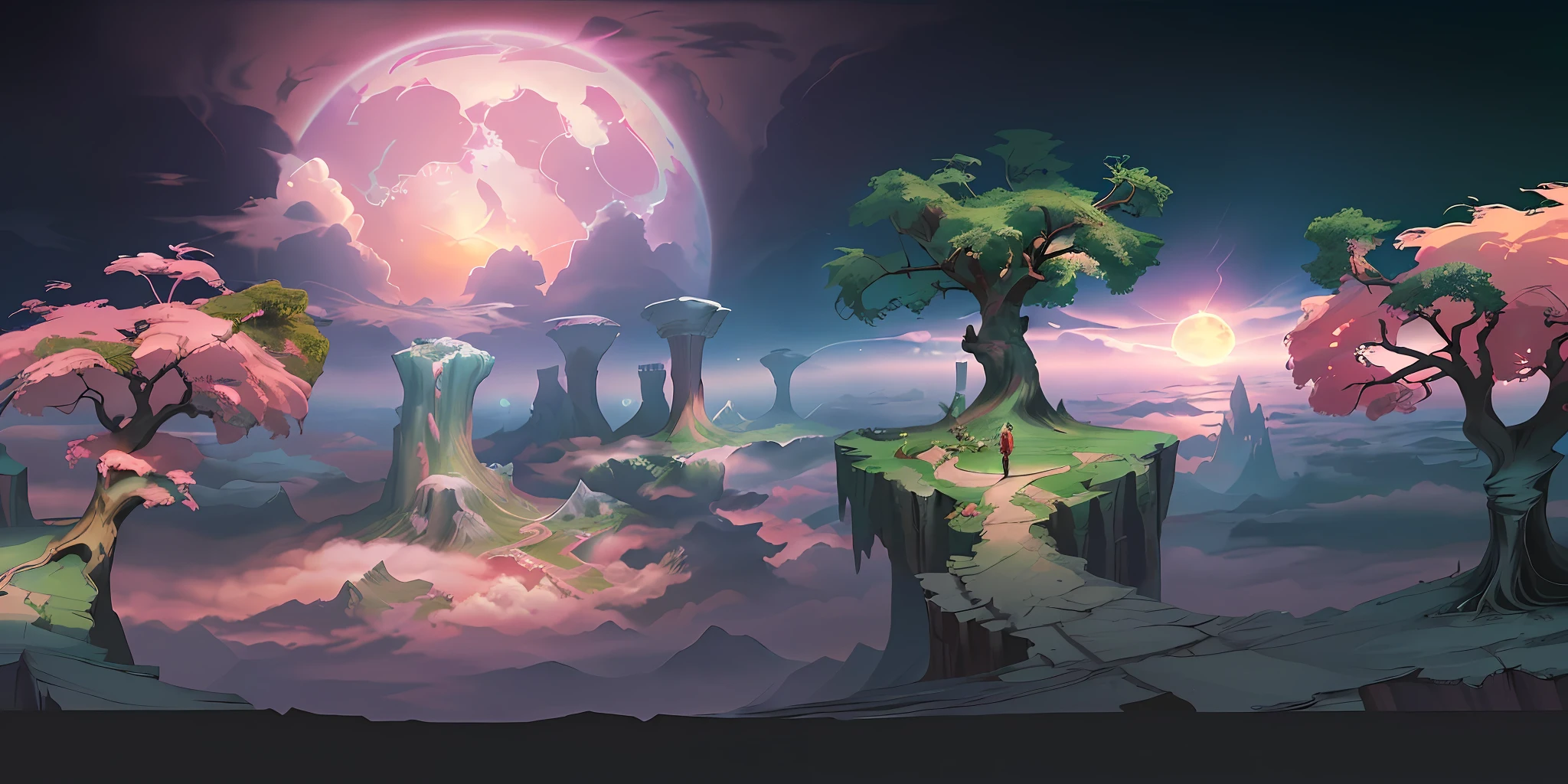 (Digital 2D Fantasy Art, Concept Art: 1.2) + (Epic Landscapes: 1.1) + (Surreal Concept Art, Indie Game Concept Art: 1.1) + (Concept Art, Concept Art Digital Illustration: 1.05) + (WLOP and RADS: 1.05) + (Digital Painting with City in the Sky, Stylized Concept Art: 0.9) + (Concept Art Wallpaper 4K: 0.85) + (Detailed Digital 2D Fantasy Art: 0.8) + ( Concept World Art: 0.75), Pink World, Clouds, Full of Magic, Ray Tracing, Sun, Pink Heart Shaped Tree, Pink Clouds, Meadow