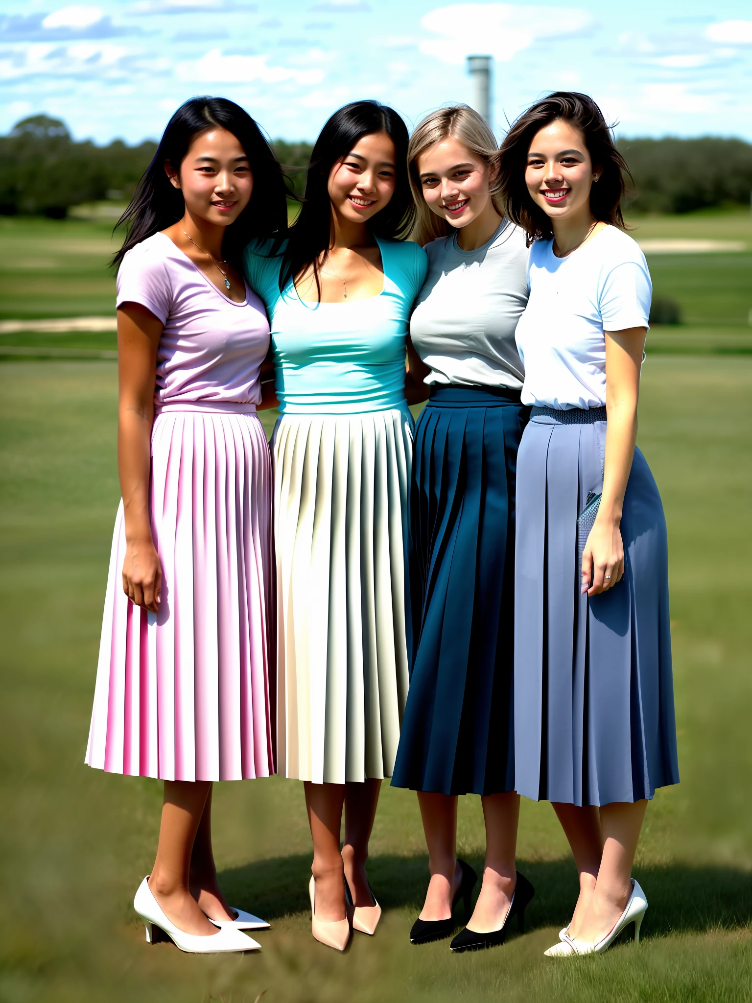 documetary photograph of many tender, compassionate, kind, flirty, shy smile, attractive, pretty, cute women who love you very much and they are all wearing long pleated skirts and short blazers and girly shoes, (wind blowing, windy:0,1)