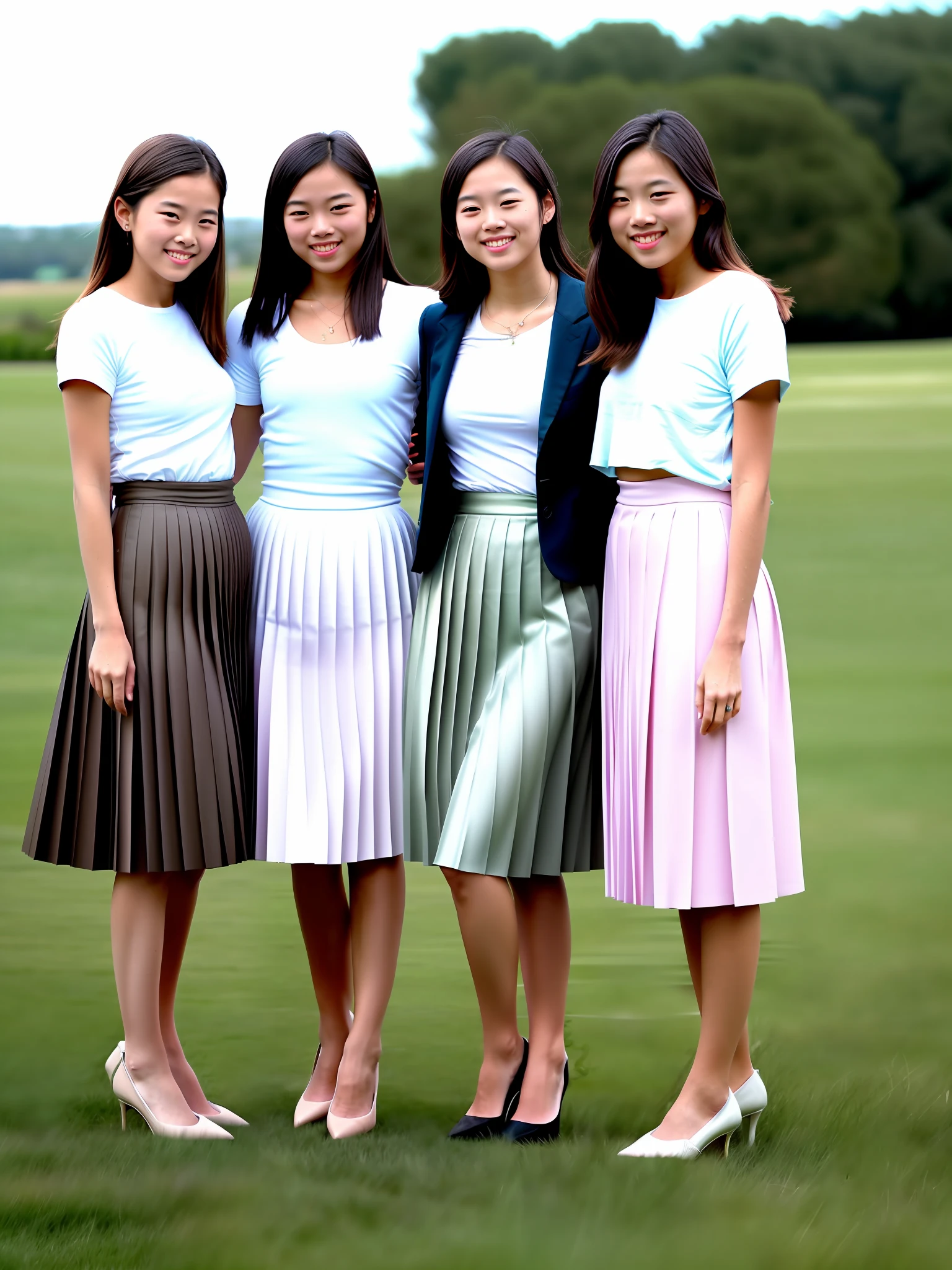 documetary photograph of many tender, compassionate, kind, flirty, shy smile, attractive, pretty, cute women who love you very much and they are all wearing long pleated skirts and short blazers and girly shoes, (wind blowing, windy:0,1)