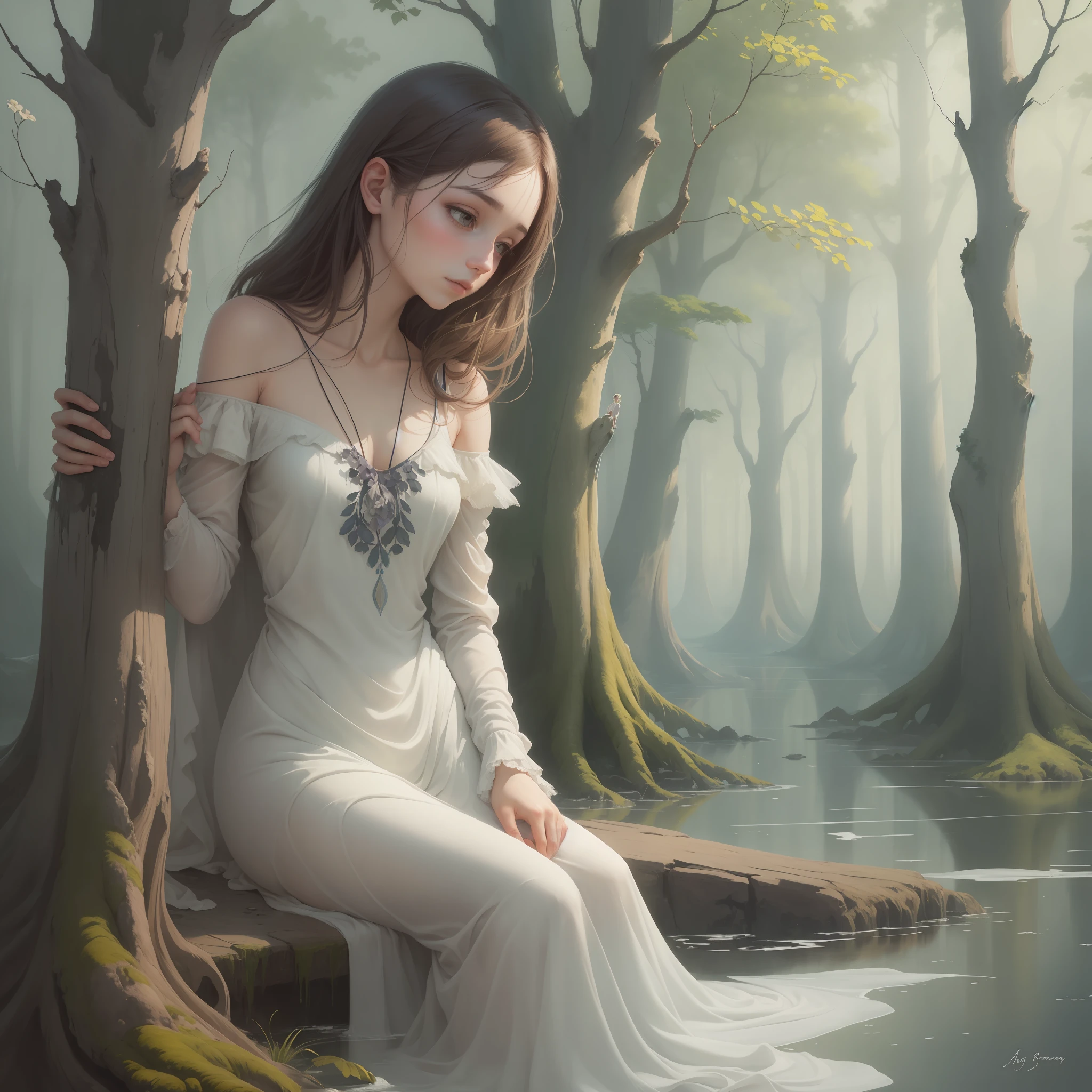A captivating and introspective professional color drawing, crafted in a masterful blend of the unique artistic styles inspired by Amy Brown, Daria Petrilli, and Andrea Kowch. This remarkable artwork showcases the delicate fusion of soft watercolors, inks, and colored pencils, resulting in a harmonious composition. The piece emanates a soft whimsical aura, featuring a serene woman gracefully traversing the wonders of nature. The artwork seamlessly weaves together the profound connections between humans and animals, offering a glimpse into the enchanting bond that exists between these beings. The use of soft, muted shades adds depth and evokes a sense of tranquility, while the minimalist shapes imbue the artwork with an elegant simplicity. --auto --s2