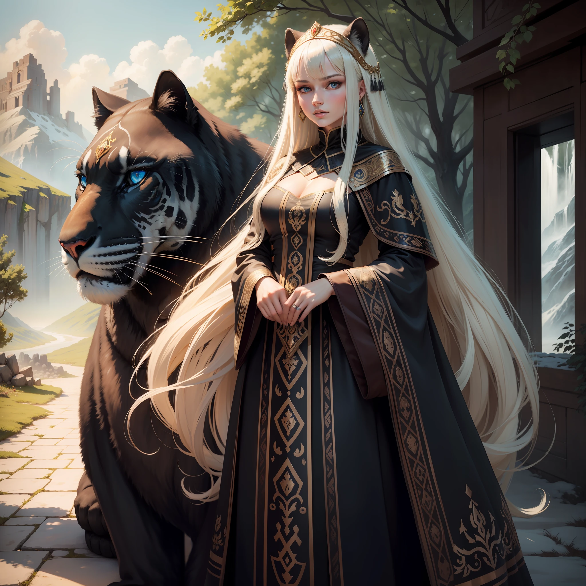 Beautiful Russian girl with long hair in beautiful attire, next to a large full-length panther with blue eyes, jewelry, ultra realistic, nature, landscape, maximum detail of everything, ultra detailing of wool and muzzle