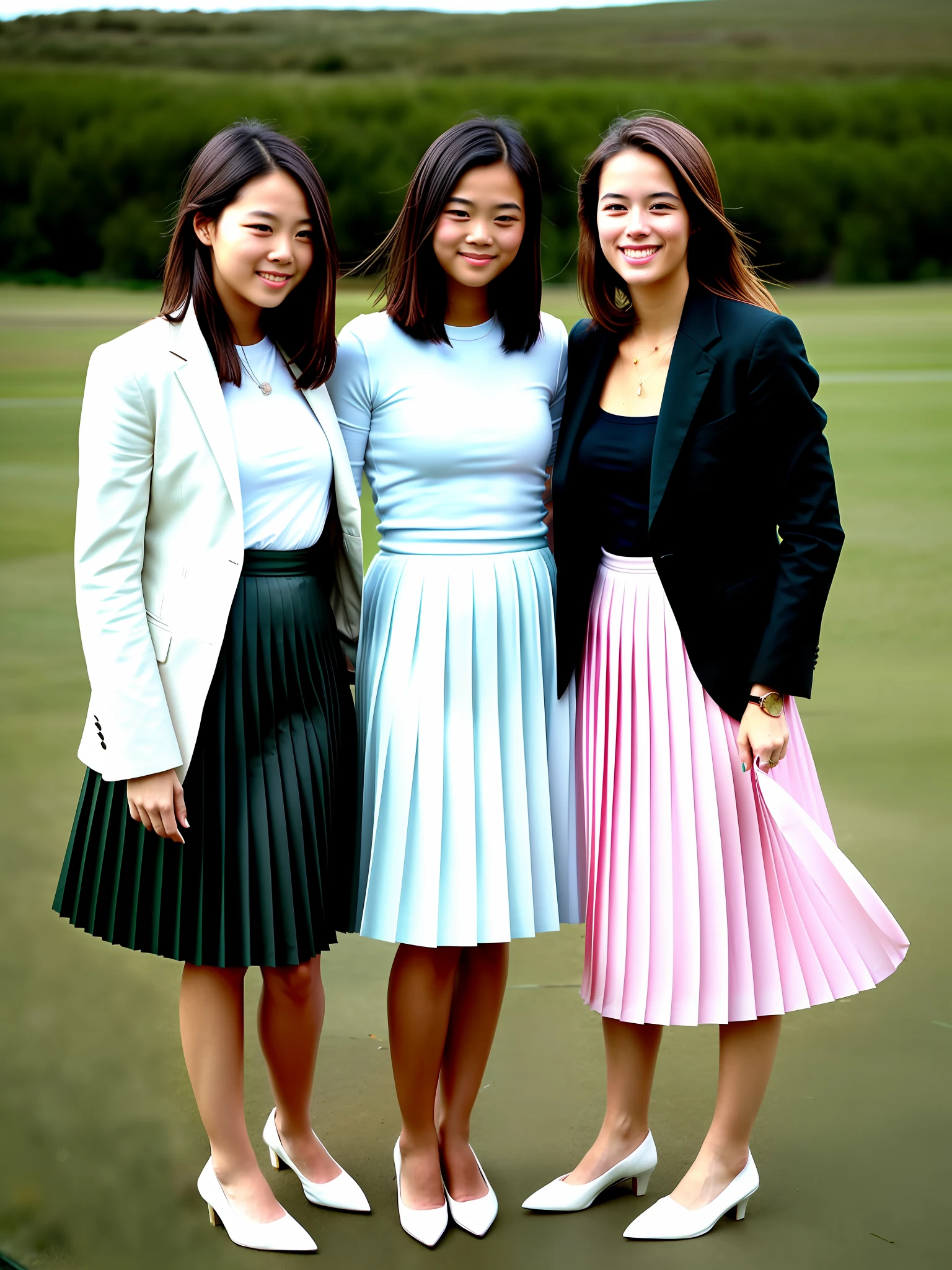 documetary photograph of many tender, compassionate, kind, flirty, shy smile, attractive, pretty, cute women who love you very much and they are all wearing long pleated skirts and short blazers and girly shoes, (wind blowing, windy:0,1)