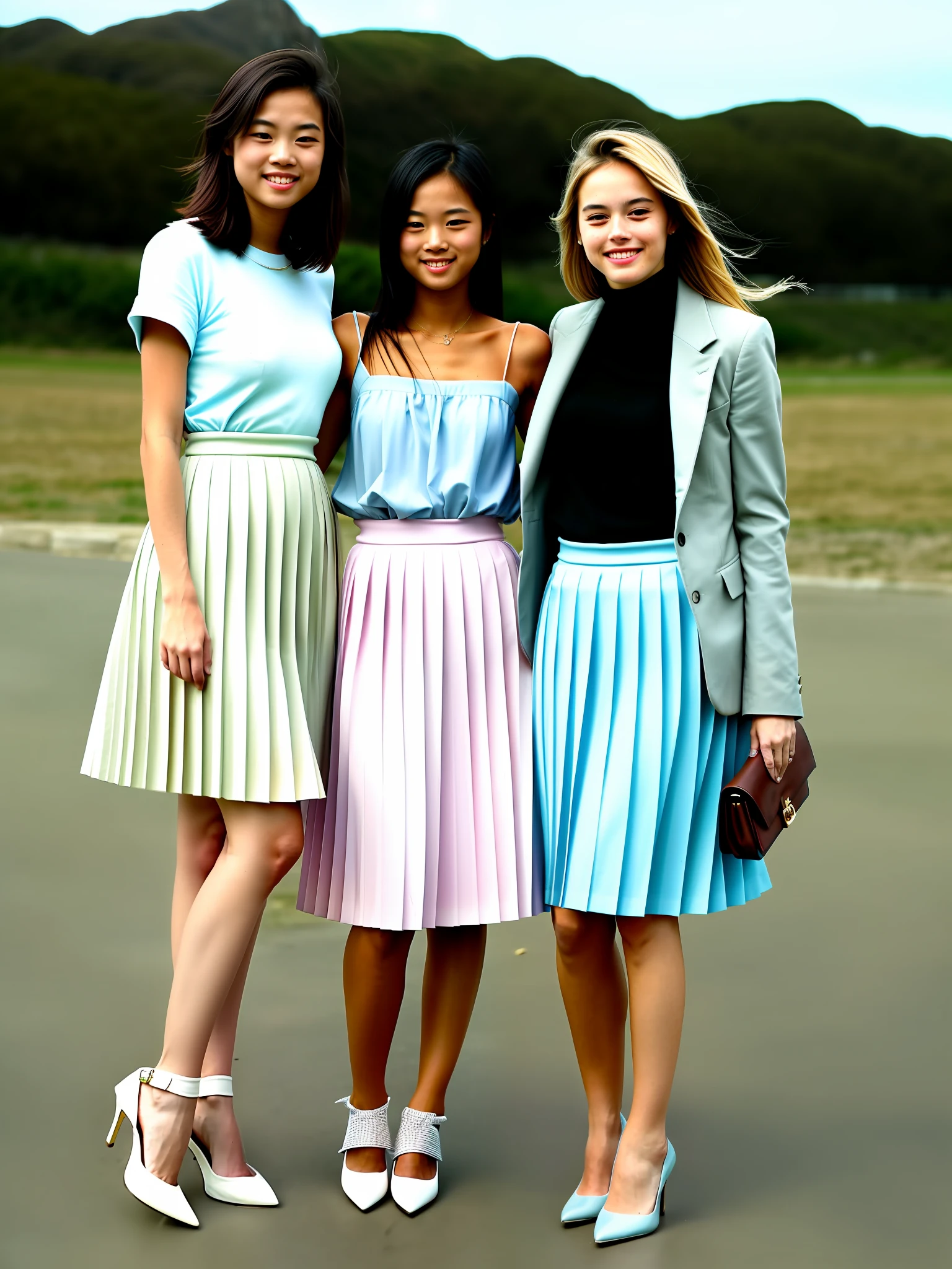 documetary photograph of many tender, compassionate, kind, flirty, shy smile, attractive, pretty, cute women who love you very much and they are all wearing long pleated skirts and short blazers and girly shoes, (wind blowing, windy:0,1)