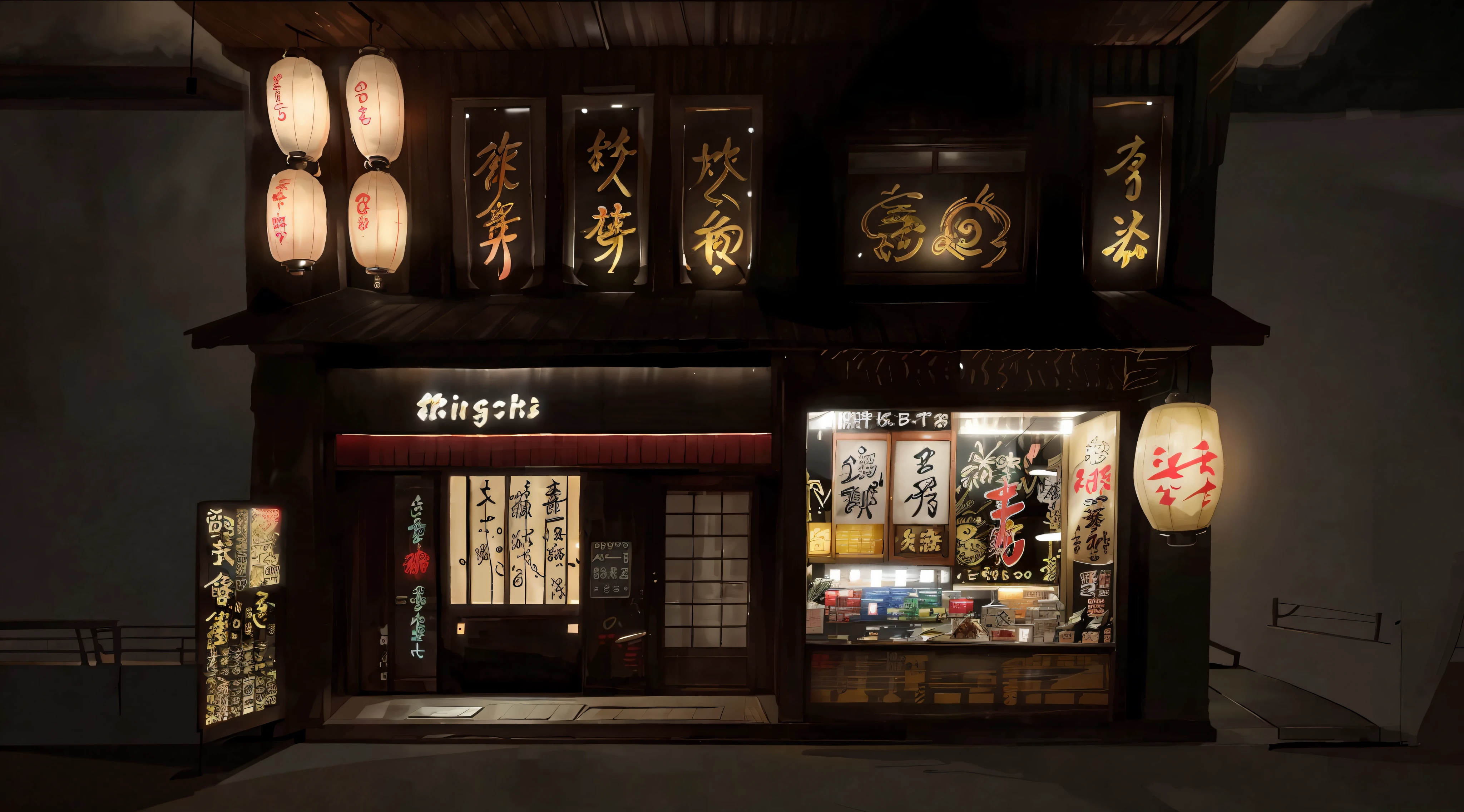 Bright signboards and lanterns in front of the Asian Restaurant in Alaferd, the stage decoration of Tokyo izakaya with exquisite details, inspired by Tani Bunyu and Hiroshi Kano, Japanese neon signs and strong writing, store high details displayed, popular on CGSTATION, as if Japanese animation style scenes.