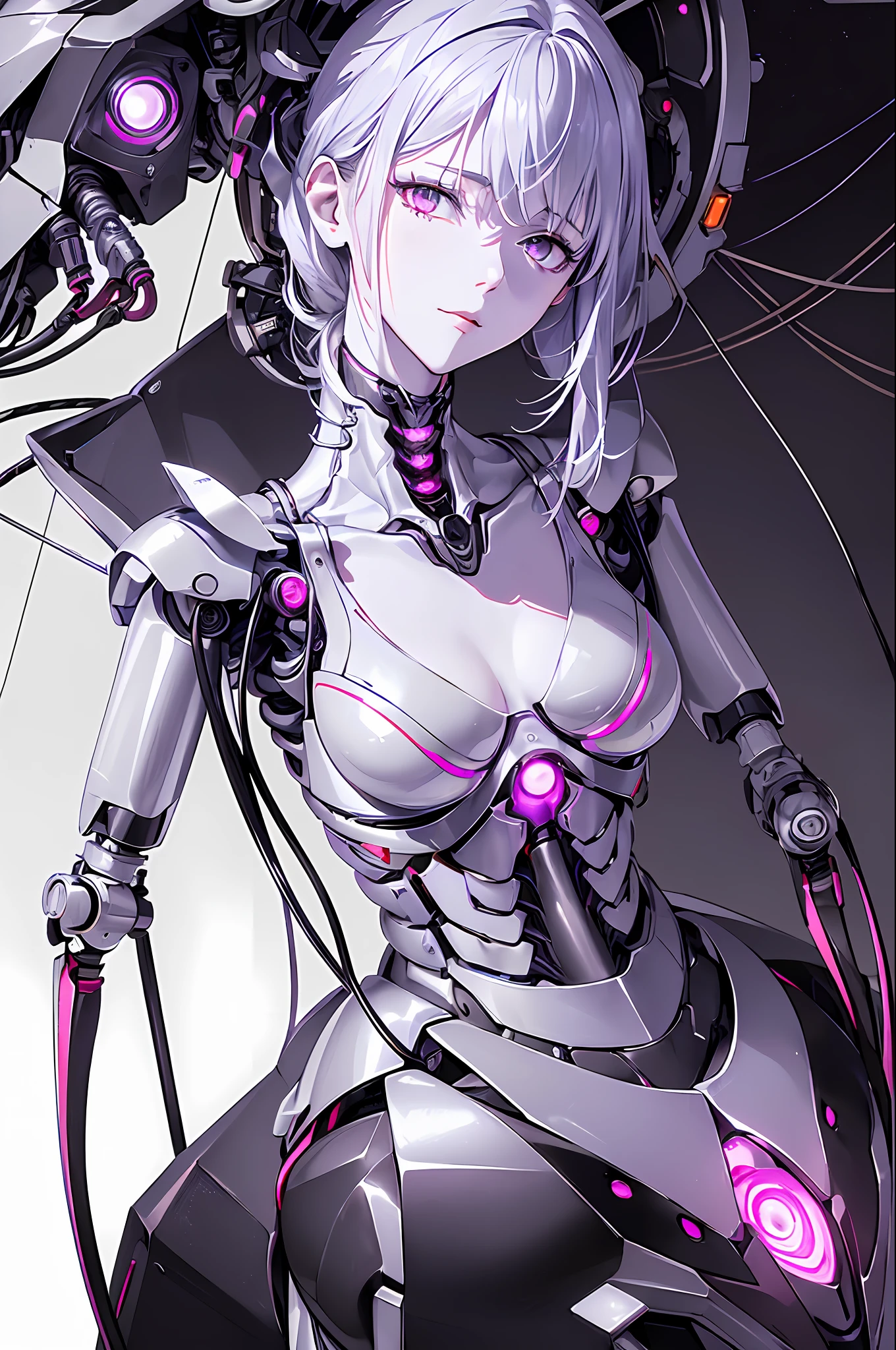 (((Masterpiece)))), (((highest quality)))), ((Ultra Definition)), (Very Detailed Photoreality), (((Very Delicate and Beautiful)), (Delicate and Pretty Face), Cinematic Light, (((1 Machine Girl)), Solo, Full Body, Big, Cleavage Is Visible Skin, White Hair, Purple Eyes, Luminous Eyes, (Mechanical Joint: 1.4), (Mechanical limbs)), (Blood vessels connected to tubes), (( Mechanical vertebrae attached to the back)), ((Cervical vertebrae of the machine) attached to the neck)), (((sitting)), expressionless, (wires and cables attached to the head and body: 1.5), (character focus), small LED lamps on the body, Evangelion, SF, metallic body, detailed neon