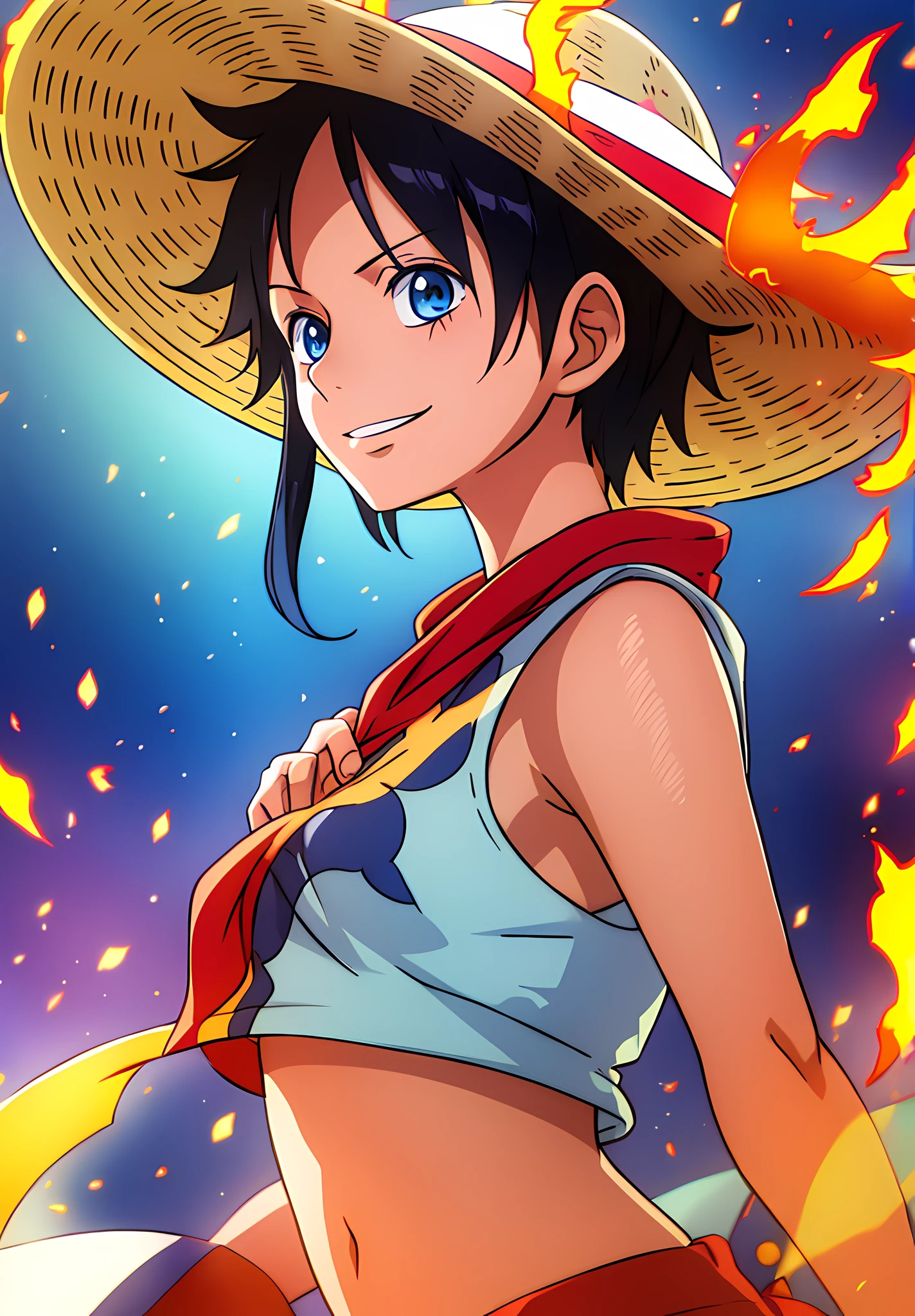 1girl, wanostyle, monkey d luffy, smiling, straw hat, looking at viewer, solo, upper body, ((masterpiece)), (best quality), (extremely detailed), depth of field, sketch, dark intensive shadows, sharp focus quality, soft lighting, HDR, colorful, good composition, fire all around, spectacular, closed shirt, anime screenshot, scar under the eyes, ready to fight, blue eyes