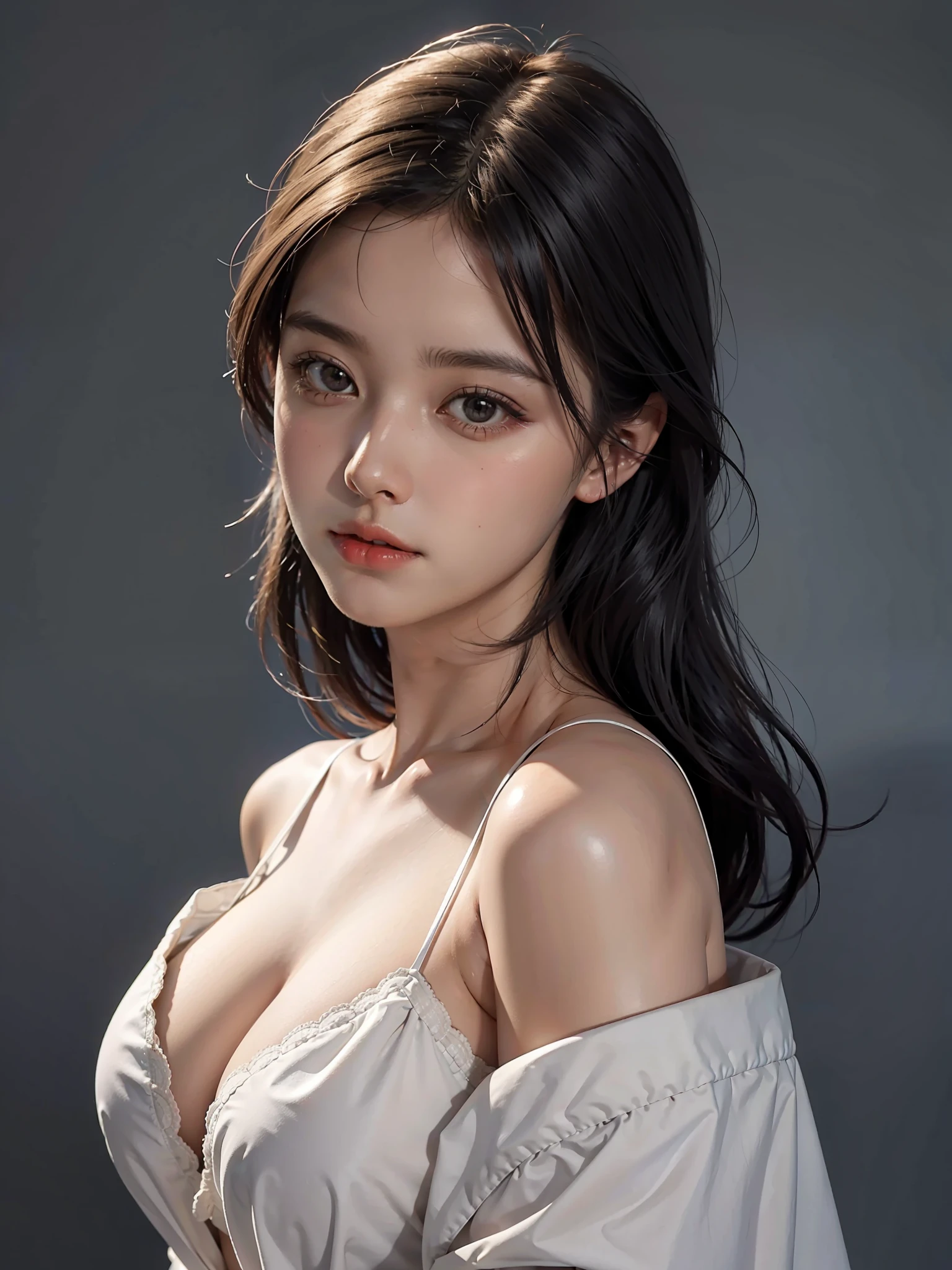 1 girl, heavy shoulders, faint smile, shiny skin
Best quality, masterpiece, (realistic: 1.4), big breasts, cleavage