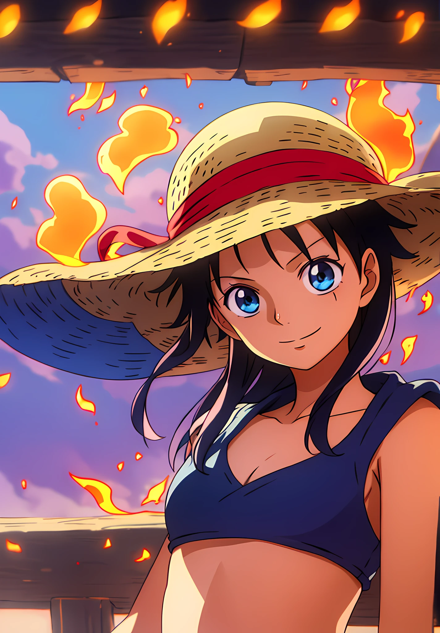 1girl, wanostyle, monkey d luffy, smiling, straw hat, looking at viewer, solo, upper body, ((masterpiece)), (best quality), (extremely detailed), depth of field, sketch, dark intensive shadows, sharp focus quality, soft lighting, HDR, colorful, good composition, fire all around, spectacular, closed shirt, anime screenshot, scar under the eyes, ready to fight, blue eyes
