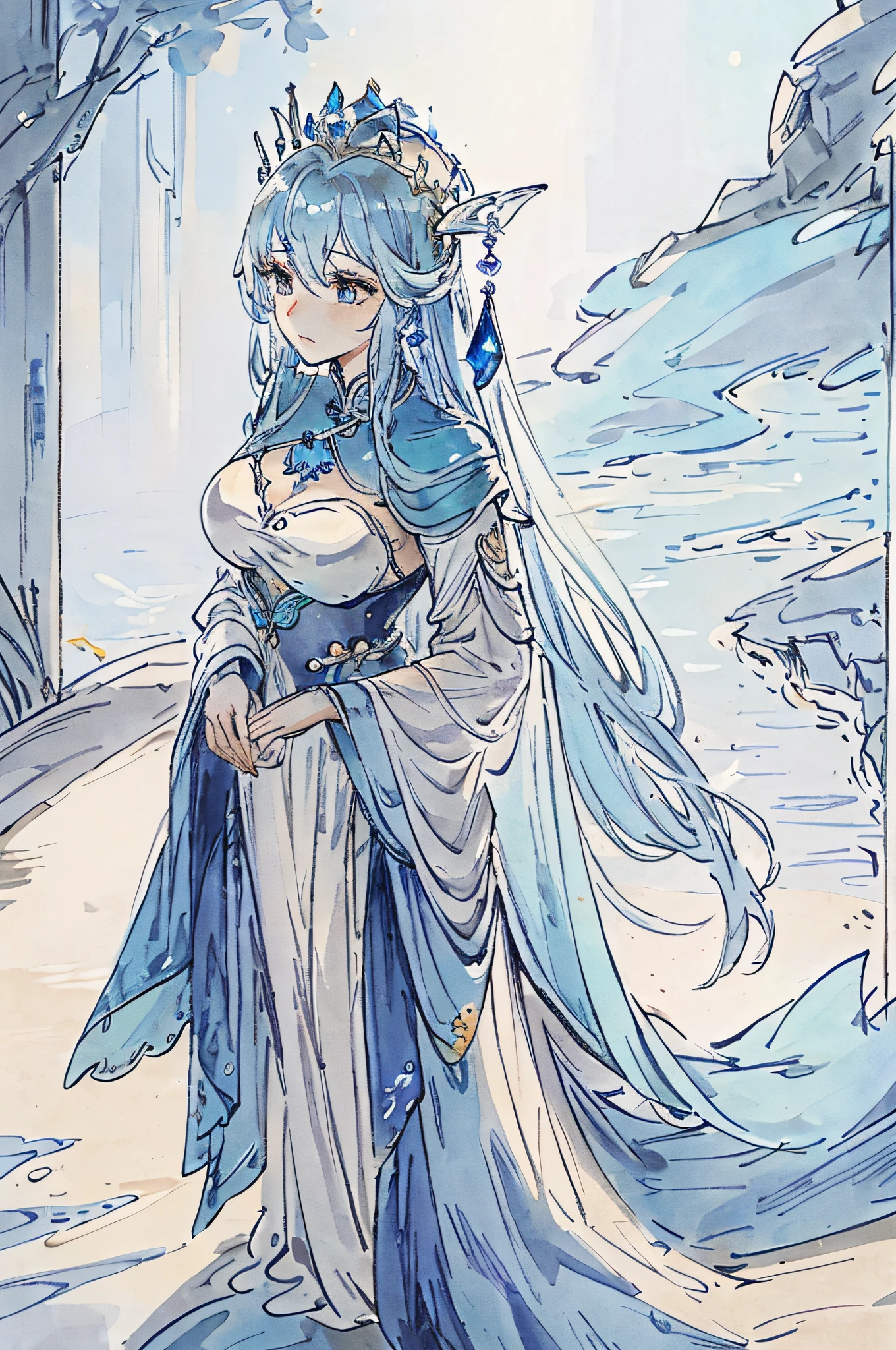 An image of a woman in a blue dress Arafard, a beautiful fantasy queen, a fairy in full body, ((beautiful fantasy queen)), fairy fantasy, sea queen Mu Yanling, fairy hero, inspired by Qiu Ying, inspired by Du Qiong, inspired by Li Tang, inspired by Li Meishu