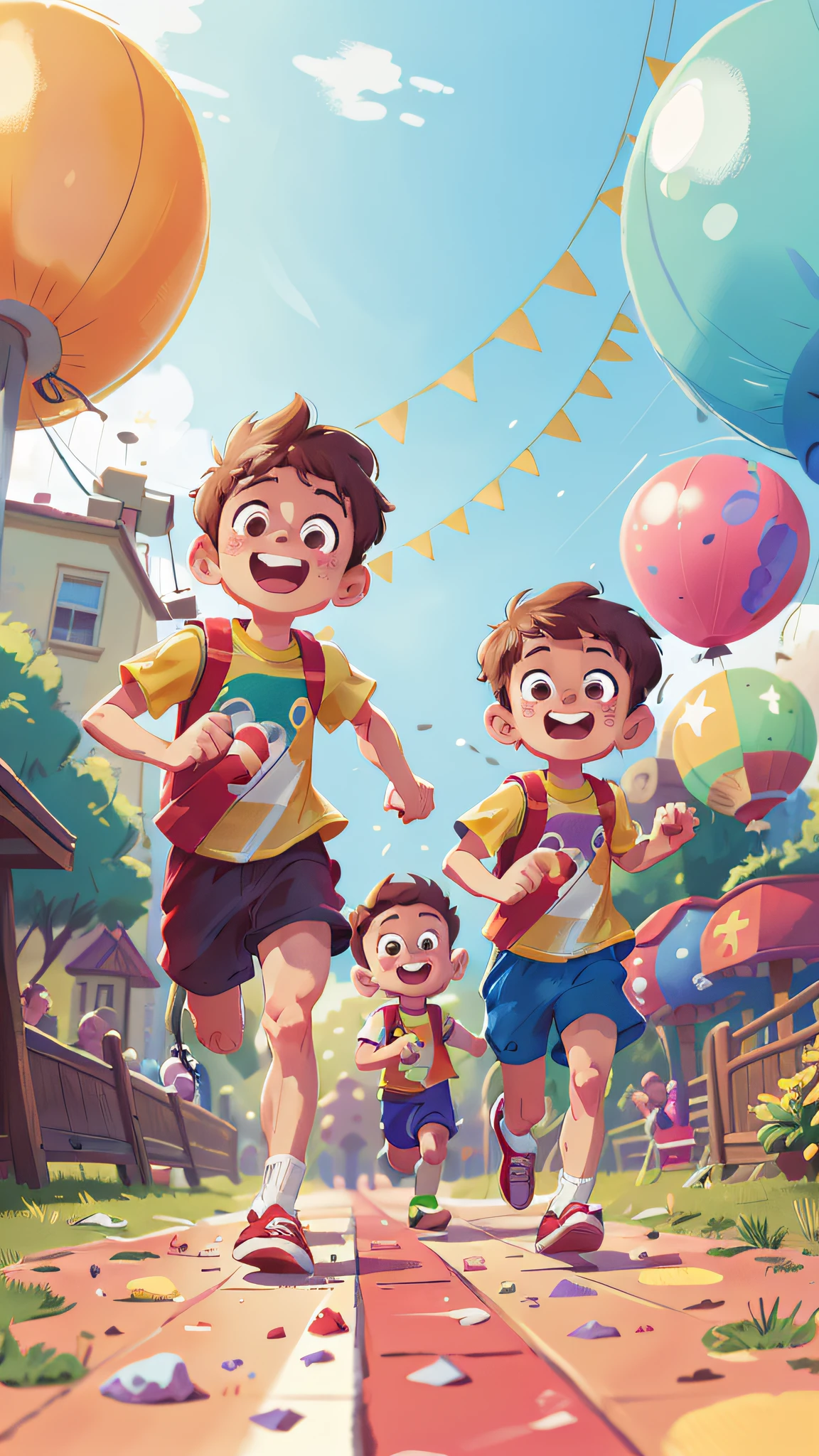 Two running boys, amusement park, holding balloons, happy, happy, perfect quality, clear focus (clutter - home: 0.8), (masterpiece: 1.2) (Realistic: 1.2) (Bokeh) (Best quality) (Detailed skin: 1.3) (Intricate details) (8K) (Detail Eyes) (Sharp Focus), (Happy)