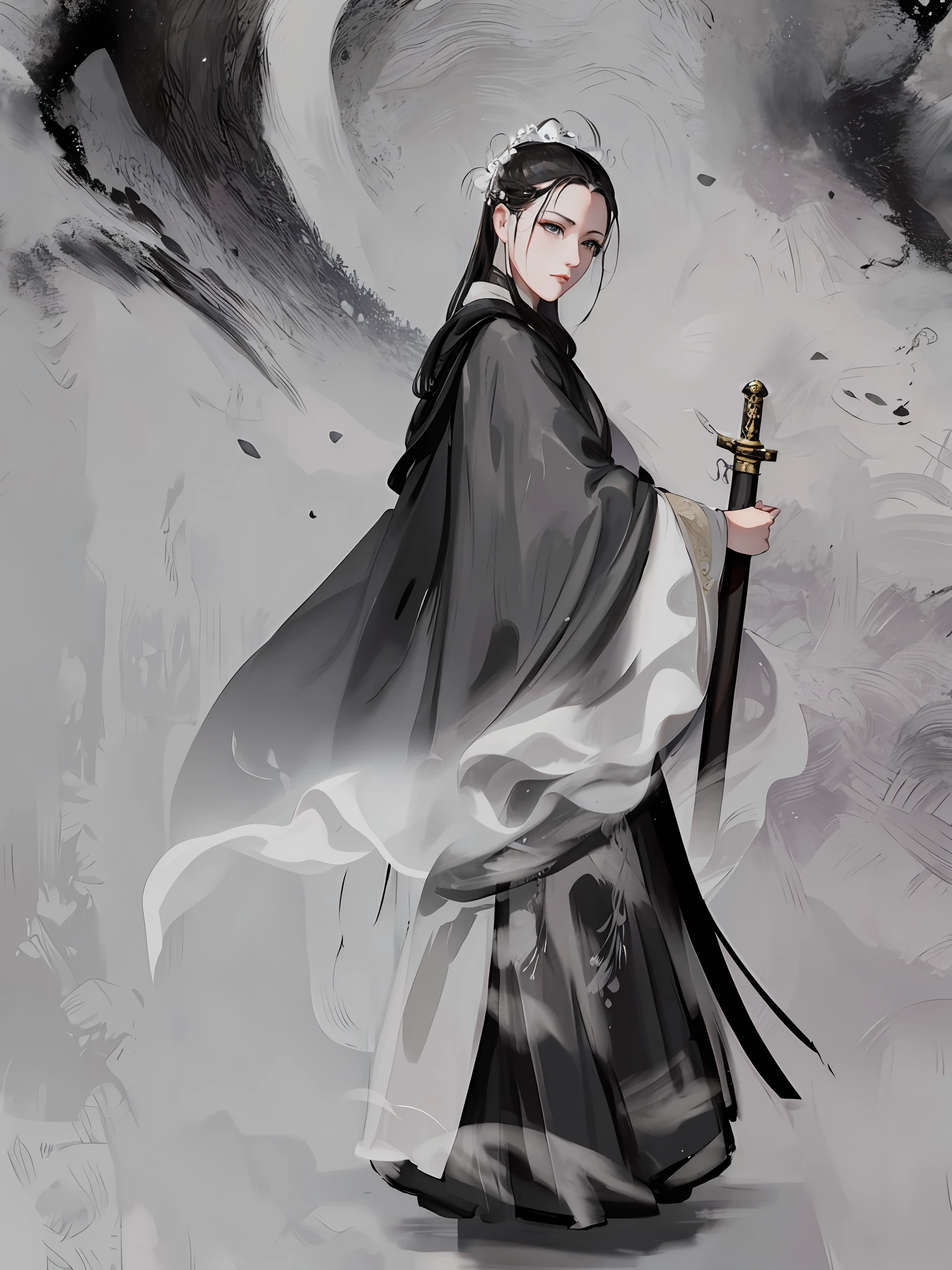 arafed image of a woman in a black and white dress holding a sword, full body wuxia, wearing a flowing cloak, with a long black cape, wuxia, white hanfu, hanfu, inspired by Luo Mu, wearing flowing robes, wearing a luxurious silk cloak, inspired by Tang Yifen, inspired by Wu Daozi