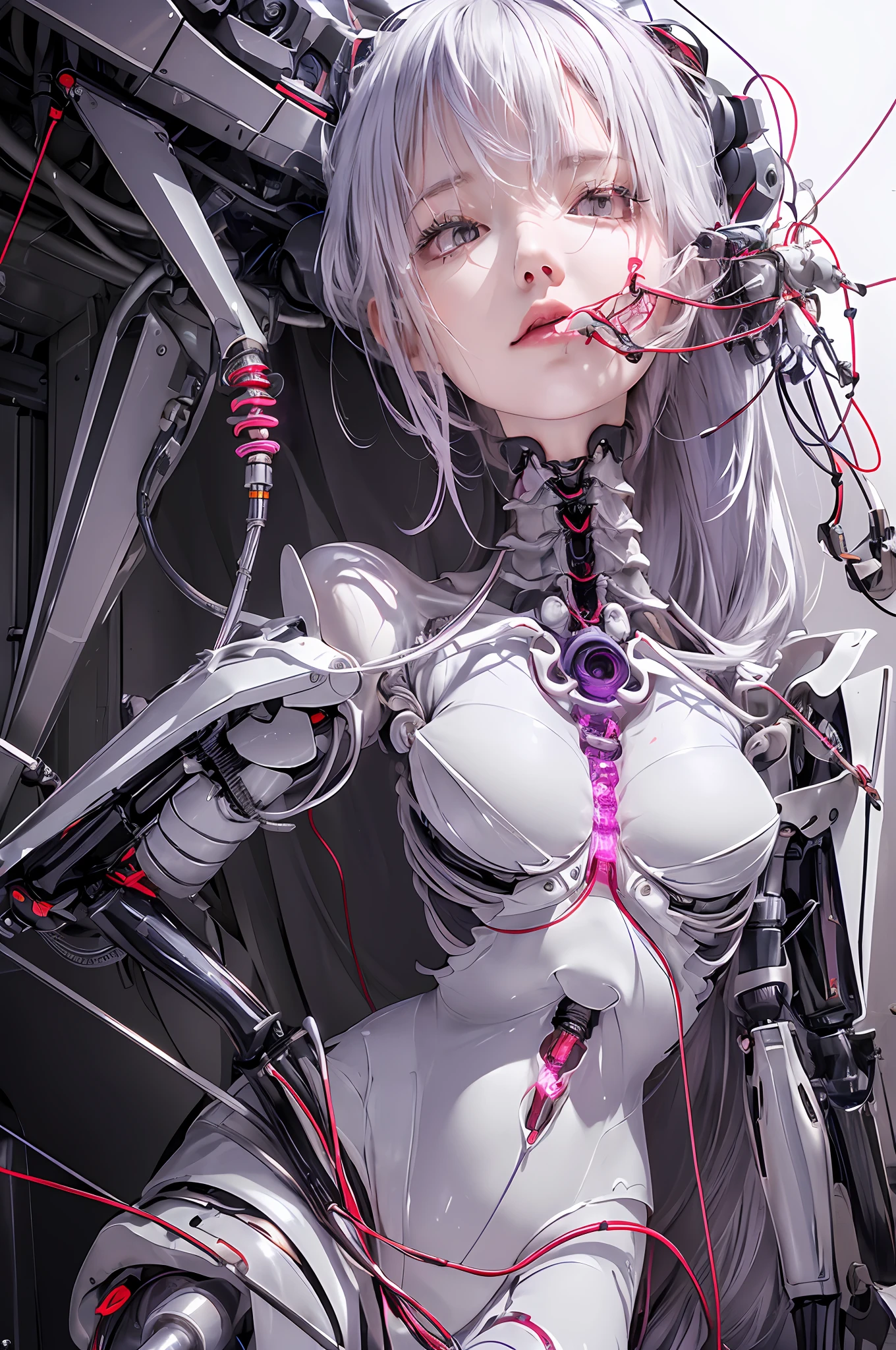 (((Masterpiece)))), (((highest quality)))), ((Ultra Definition)), (Very Detailed Photoreality), (((Very Delicate and Beautiful)), (Delicate and Pretty Face), Cinematic Light, (((1 Machine Girl)), Solo, Full Body, Big, Cleavage Is Visible Skin, White Hair, Purple Eyes, Luminous Eyes, (Mechanical Joint: 1.4), (Mechanical limbs)), (Blood vessels connected to tubes), (( Mechanical vertebrae attached to the back)), ((Cervical vertebrae of the machine) attached to the neck)), (((sitting)), expressionless, (wires and cables attached to the head and body: 1.5), (character focus), small LED lamps on the body, Evangelion, SF, metallic body, detailed neon