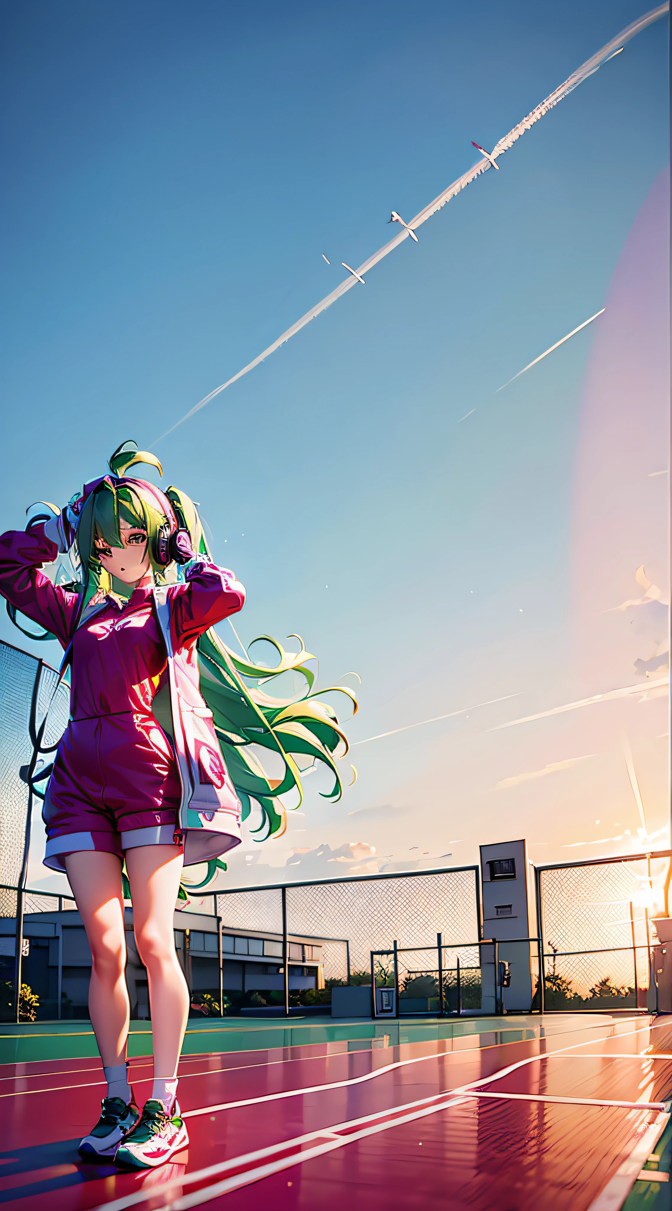 1 girl, green hair, long hair, big headphone, basket ball suit, pink play ground, miami beach, sunset, very cloudy, full body shot, very detail, high quality.