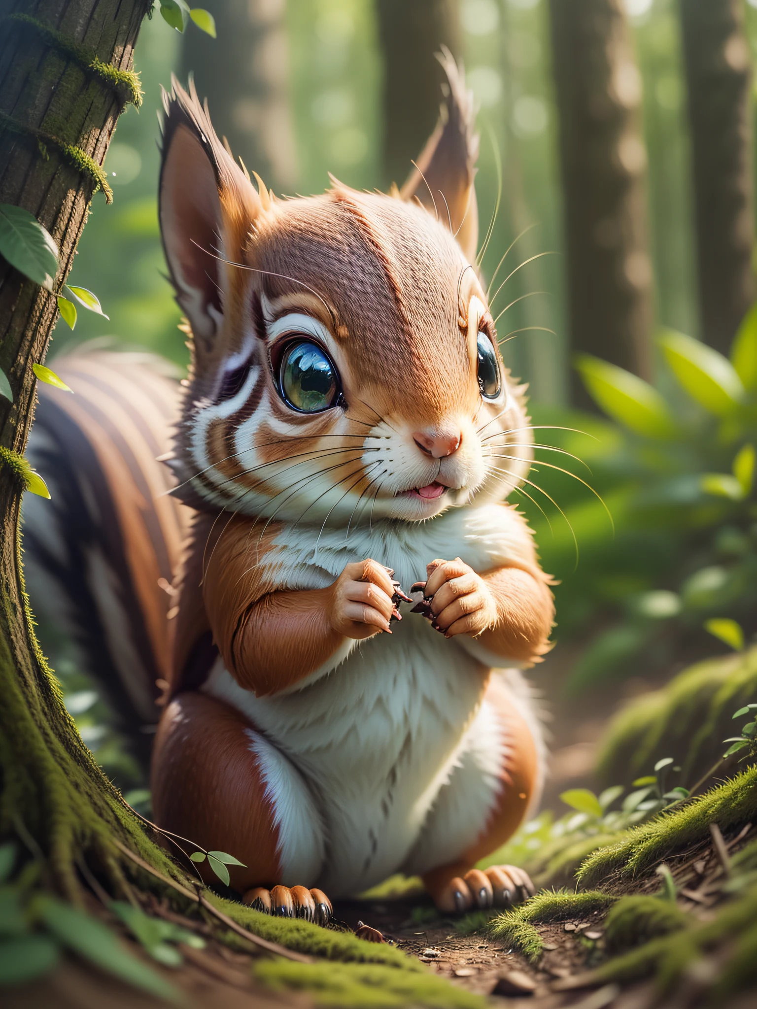 Little squirrel in woods, forest green grass, face closeup, 3D, HD, art --auto --s2