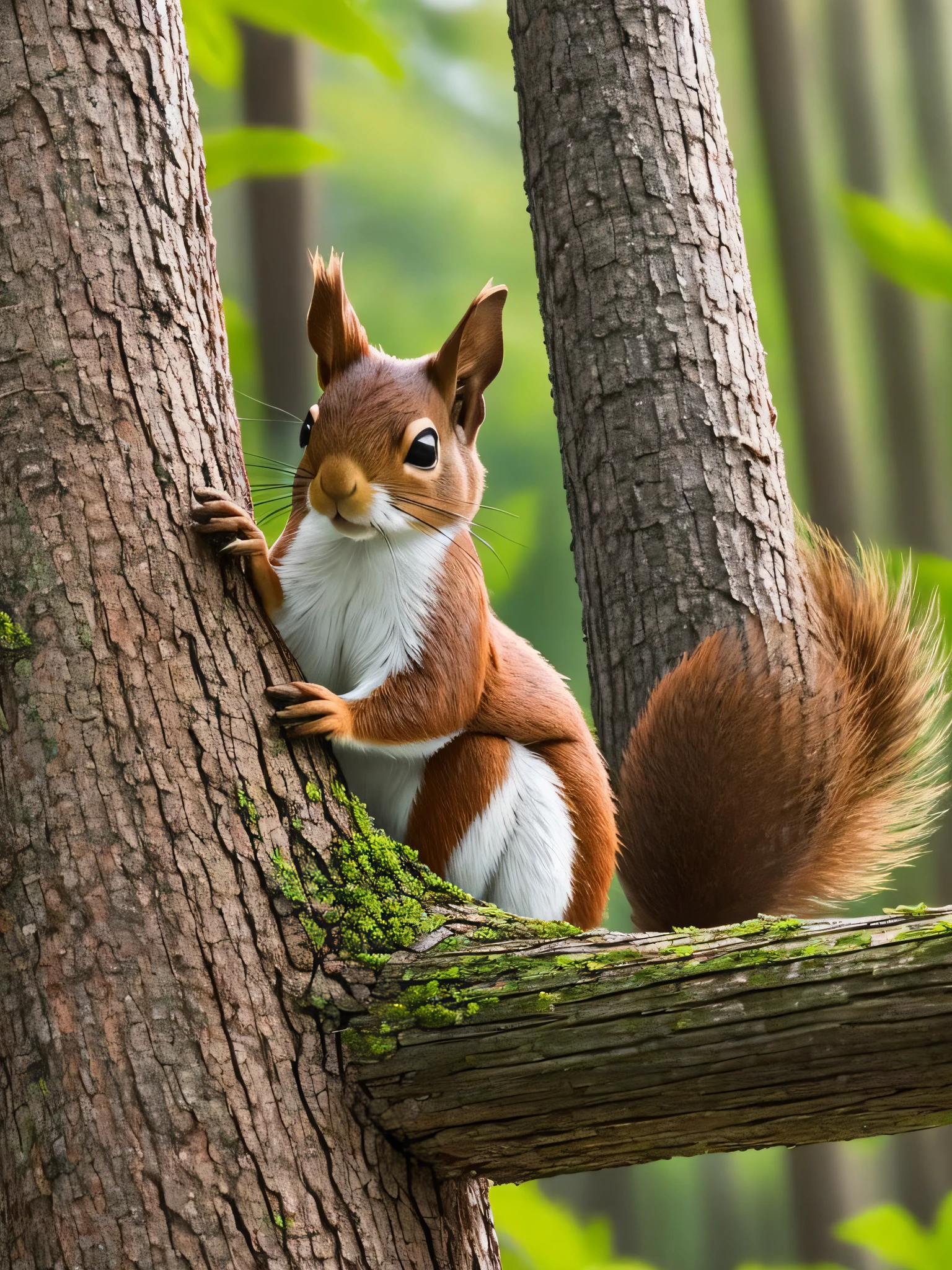 There is a brown squirrel on the huge pine tree in the forest, the noon sun shines on the earth through the leaves, the forest is green and grassy, face close-up, 3D, HD, art --auto --s2