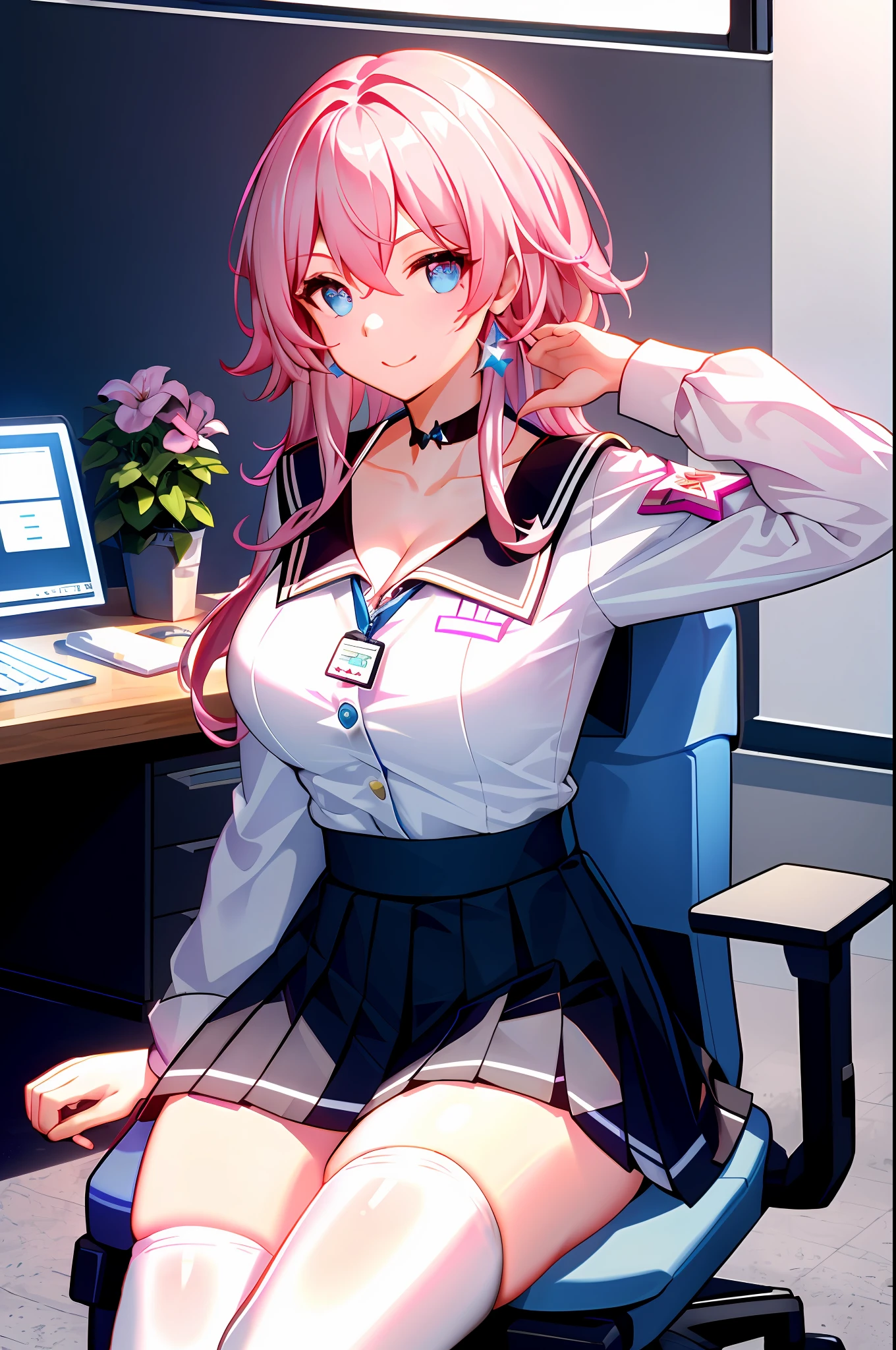 7thmarch, 7th_march, honkai star rail, 1girl, solo, ((white shirt)), black thighhighs, breasts, cleavage, uniform, office background, black skirt, pleated skirt, office, hair between eyes, blue earring, large breasts, long hair, looking at viewer, pink short nails, blue eyes, solo, thighhighs, thighs, ((masterpiece)), sitting, chair, desk, computer on desk, name tag, id tag, indoor, blush, sexy pose, hands behind,