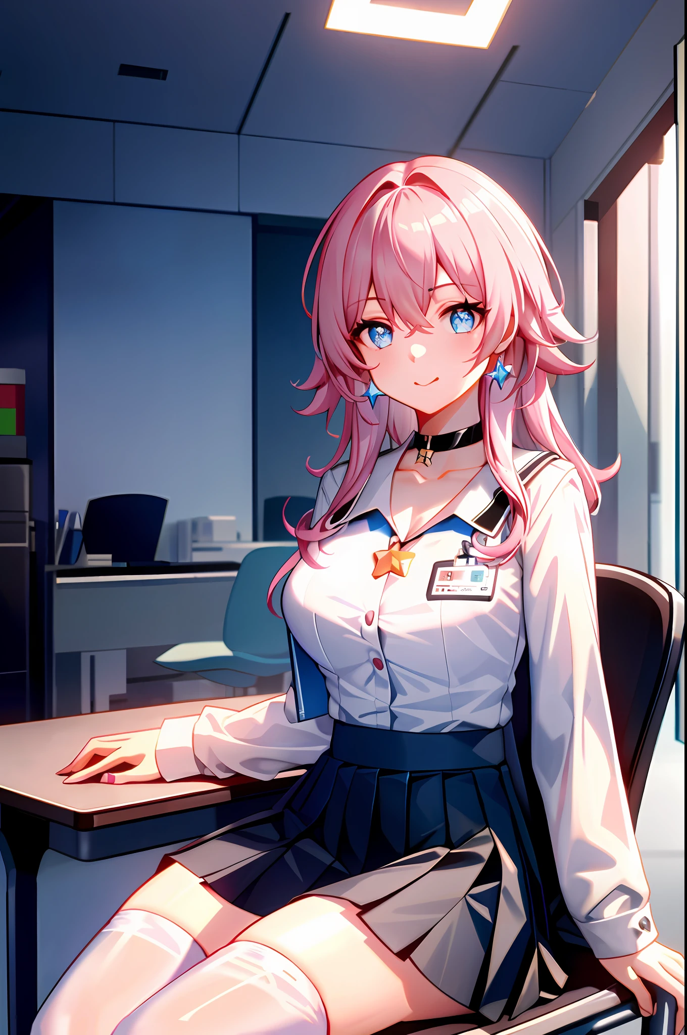 7thmarch, 7th_march, honkai star rail, 1girl, solo, ((white shirt)), black thighhighs, breasts, cleavage, uniform, office background, black skirt, pleated skirt, office, hair between eyes, blue earring, large breasts, long hair, looking at viewer, pink short nails, blue eyes, solo, thighhighs, thighs, ((masterpiece)), sitting, chair, desk, computer on desk, name tag, id tag, indoor, blush, sexy pose, hands behind,