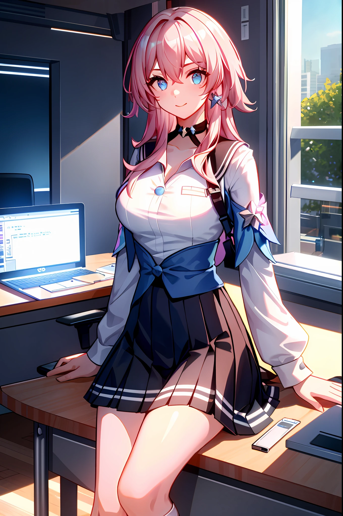 7thmarch, 7th_march, honkai star rail, 1girl, solo, ((white shirt)), black thighhighs, breasts, cleavage, uniform, office background, black skirt, pleated skirt, office, hair between eyes, blue earring, large breasts, long hair, looking at viewer, pink short nails, blue eyes, solo, thighhighs, thighs, ((masterpiece)), sitting, chair, desk, computer on desk, name tag, id tag, indoor, blush, sexy pose, hands behind,