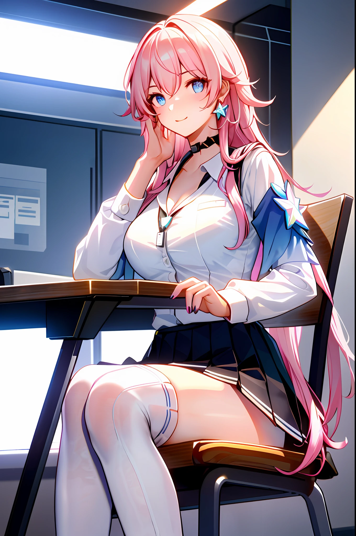 7thmarch, 7th_march, honkai star rail, 1girl, solo, ((white shirt)), black thighhighs, breasts, cleavage, uniform, office background, black skirt, pleated skirt, office, hair between eyes, blue earring, large breasts, long hair, looking at viewer, pink short nails, blue eyes, solo, thighhighs, thighs, ((masterpiece)), sitting, chair, desk, computer on desk, name tag, id tag, indoor, blush, sexy pose, hands behind,