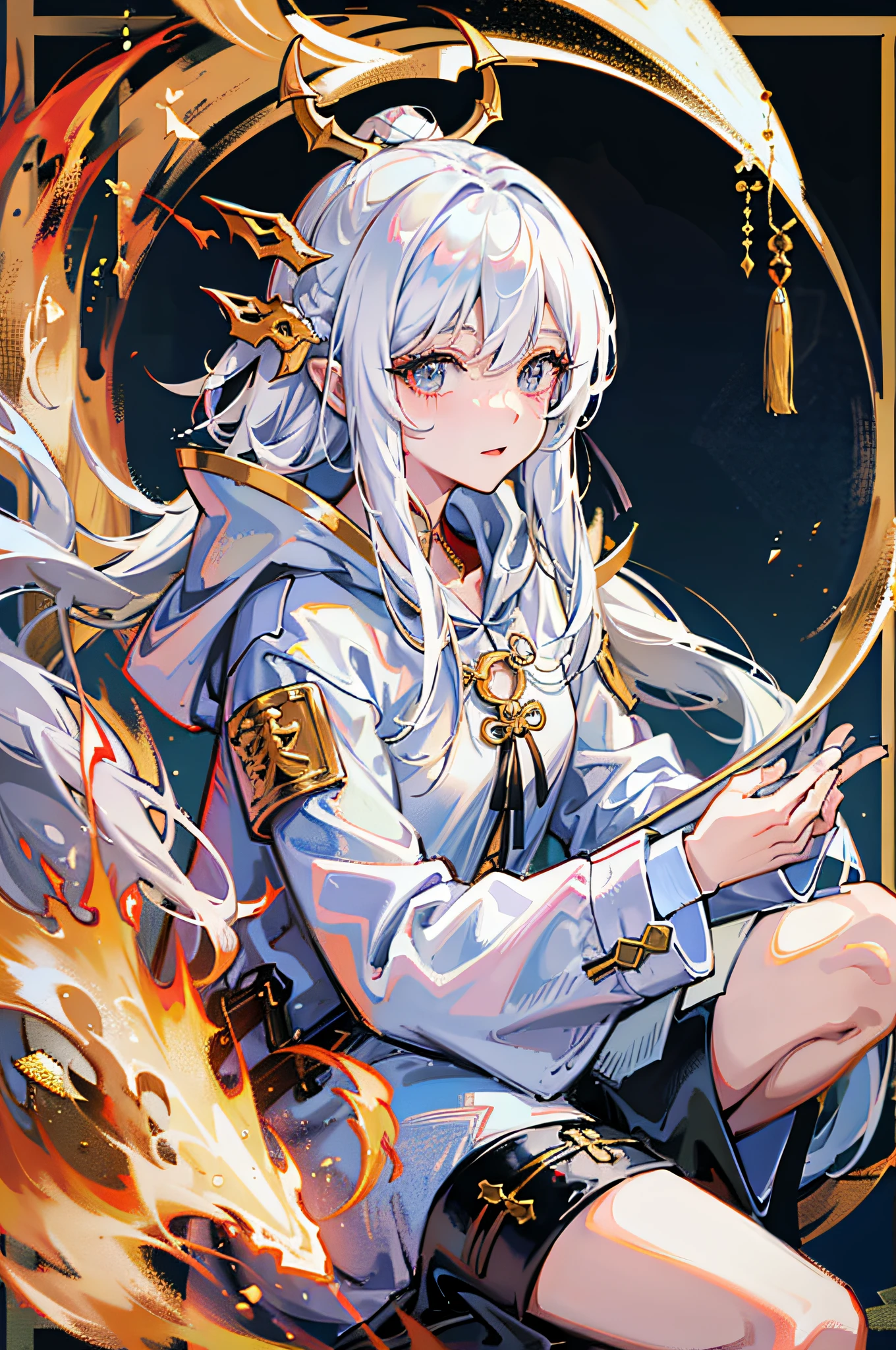 Maiden, white hair, dragon girl, hooded sweatshirt, coat, Chinese dragon horn, golden pupils, long hair, clear image, 8k resolution, very detailed, digital painting, full body portrait, sneakers, dragon, spear.