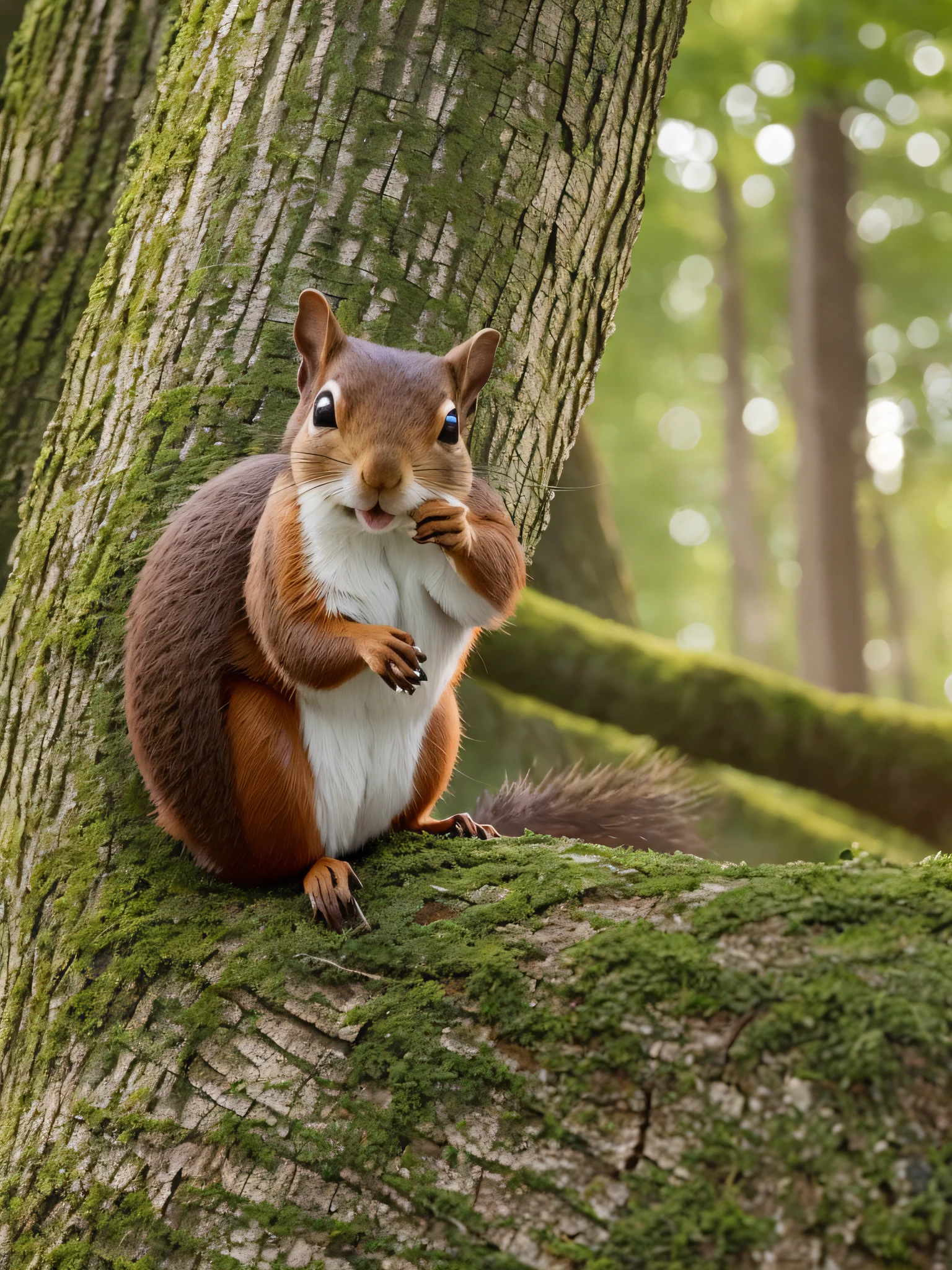 There is a brown squirrel on the huge pine tree in the forest, the noon sun shines on the earth through the leaves, the forest is green and grassy, face close-up, 3D, HD, art --auto --s2
