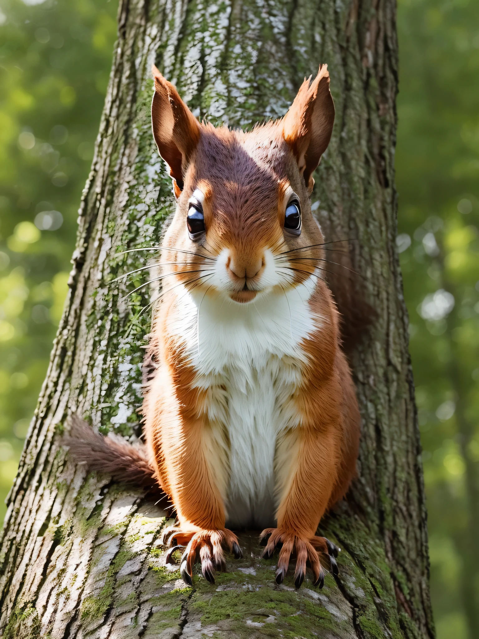 There is a brown squirrel on the huge pine tree in the forest, the noon sun shines on the earth through the leaves, the forest is green and grassy, face close-up, 3D, HD, art --auto --s2