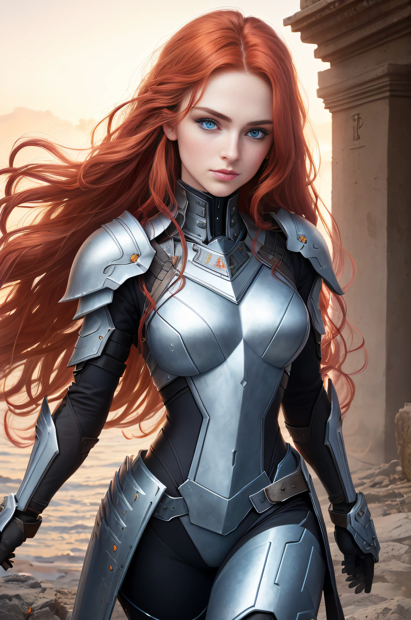 A Valkyrie, (long crimson hair, big waves: 1.5), (melon face: 1.3), (royal sister: 1.3), (8K, best image quality: 1.2), (masterpiece: 1.2), (ultra-high resolution: 1.5), (white knight armor: 1.1), (gorgeous armor: 1.1), (high definition: 1.2), (blue eyes: 1.5), (highly detailed photos: 1.2), (Central European mixed beauty: 1.3), (Serious expression: 1.2), (Young: 1.5), (Real face detail: 1.5), (Real skin detail: 1.6), (3D: 1.4), (Cyberpunk: 1.1), (Doomsday city ruins background: 1.1), (Photo texture: 1.4), (Realistic: 1.3), (Small mouth: 1.5), (Soft face contour: 1.3), (Face close-up: 1.3) Side depiction, side face