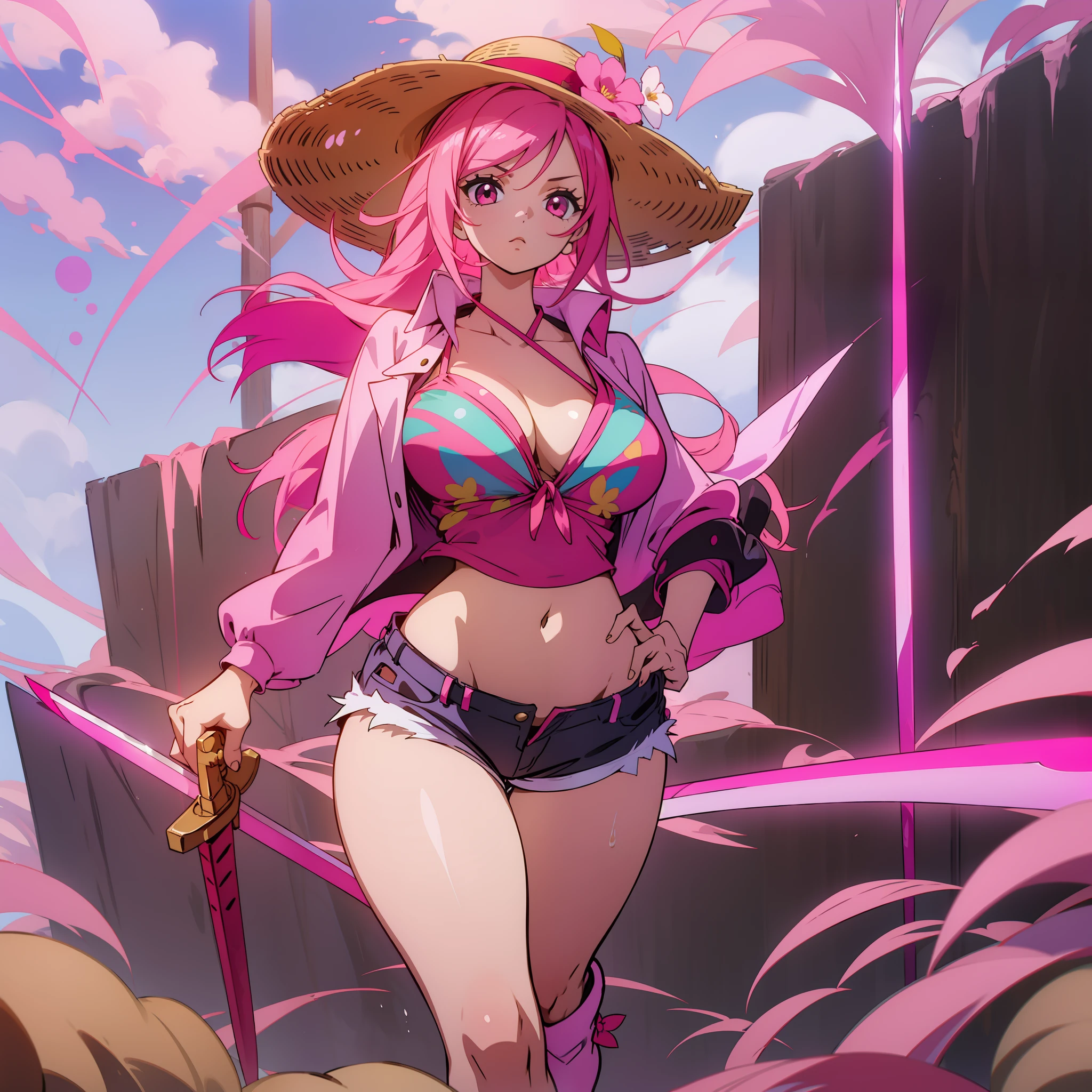 Young girl with long pink hair,big breasts and wide hips,wearing only flowery pink bra and short shorts,white boot,with a straw hat,holding a sword