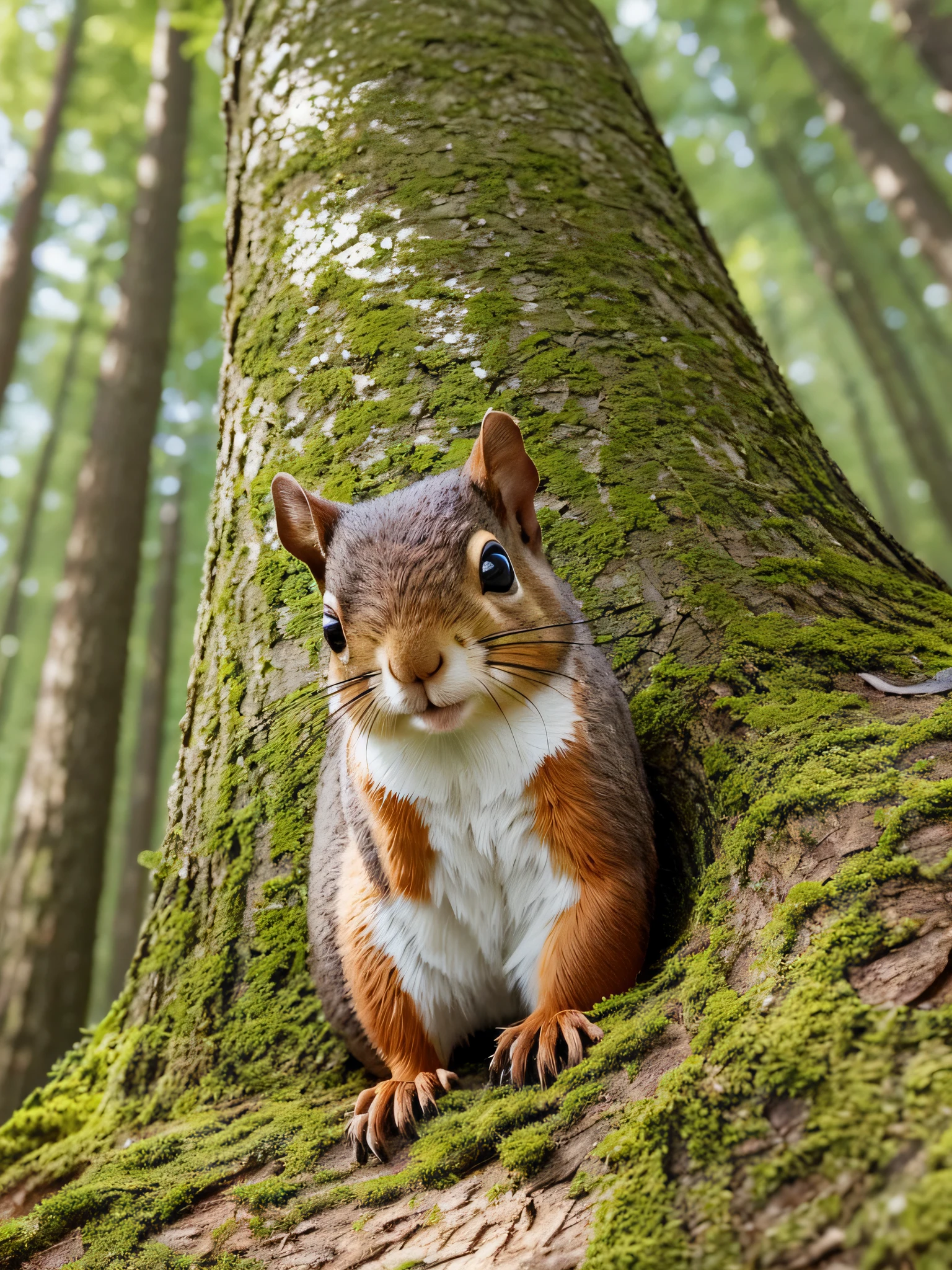 There is a brown squirrel on top of the huge pine tree in the forest, the afternoon sun shines on the earth through the leaves, the forest is green and grassy, face close-up, 3D, HD, art --auto --s2