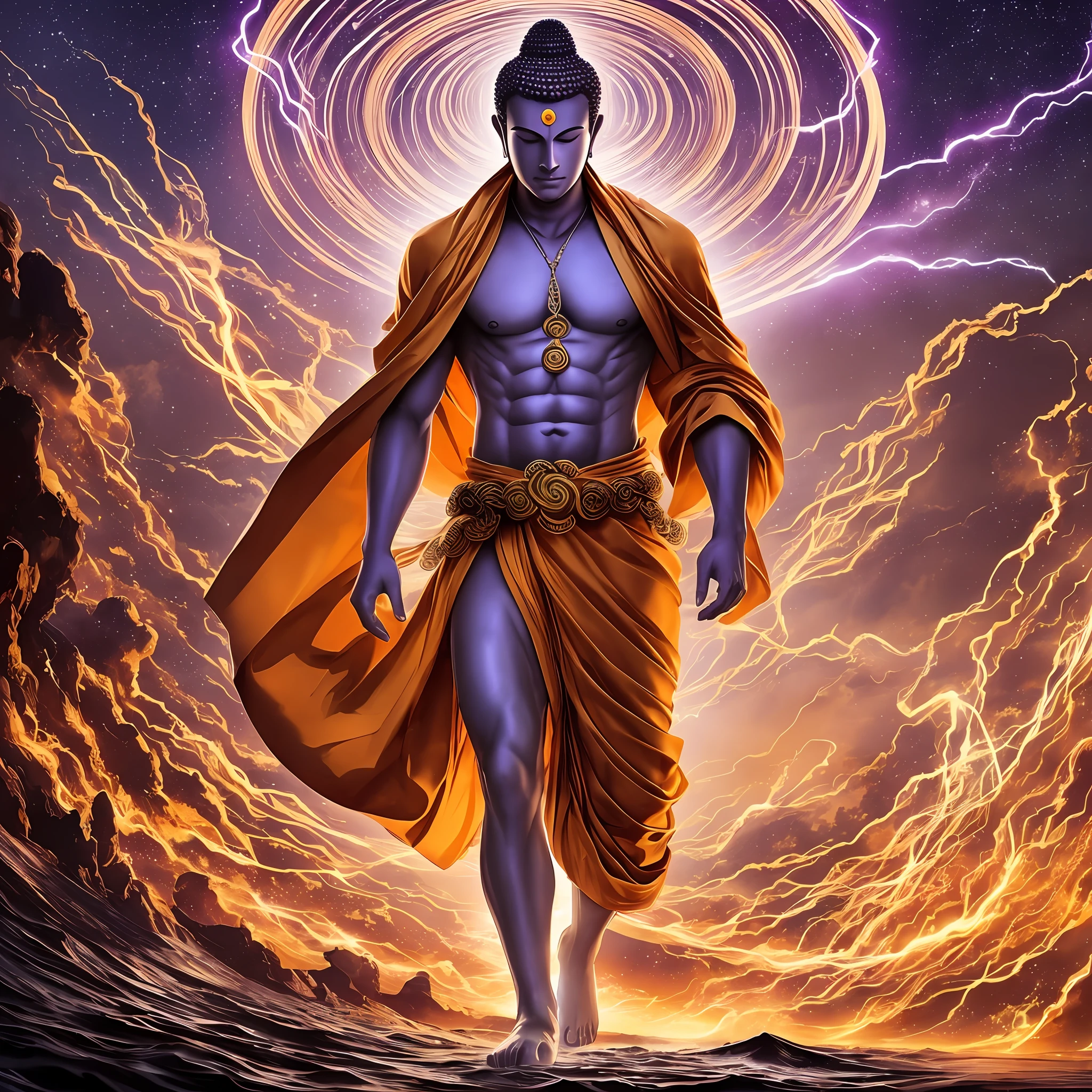 (A man wearing (Buddha knot)) wearing an orange monk's robe, walking in the ocean of storms, halo, lightning, light in the sky, beautiful face, solemn looking, slight smile, gorgeous, very detailed face, 35 years old, slim, (purple-gold skin), full body, barefoot, wide-angle lens, masterpiece, best quality, volumetric lighting, very detailed photo --auto --s2