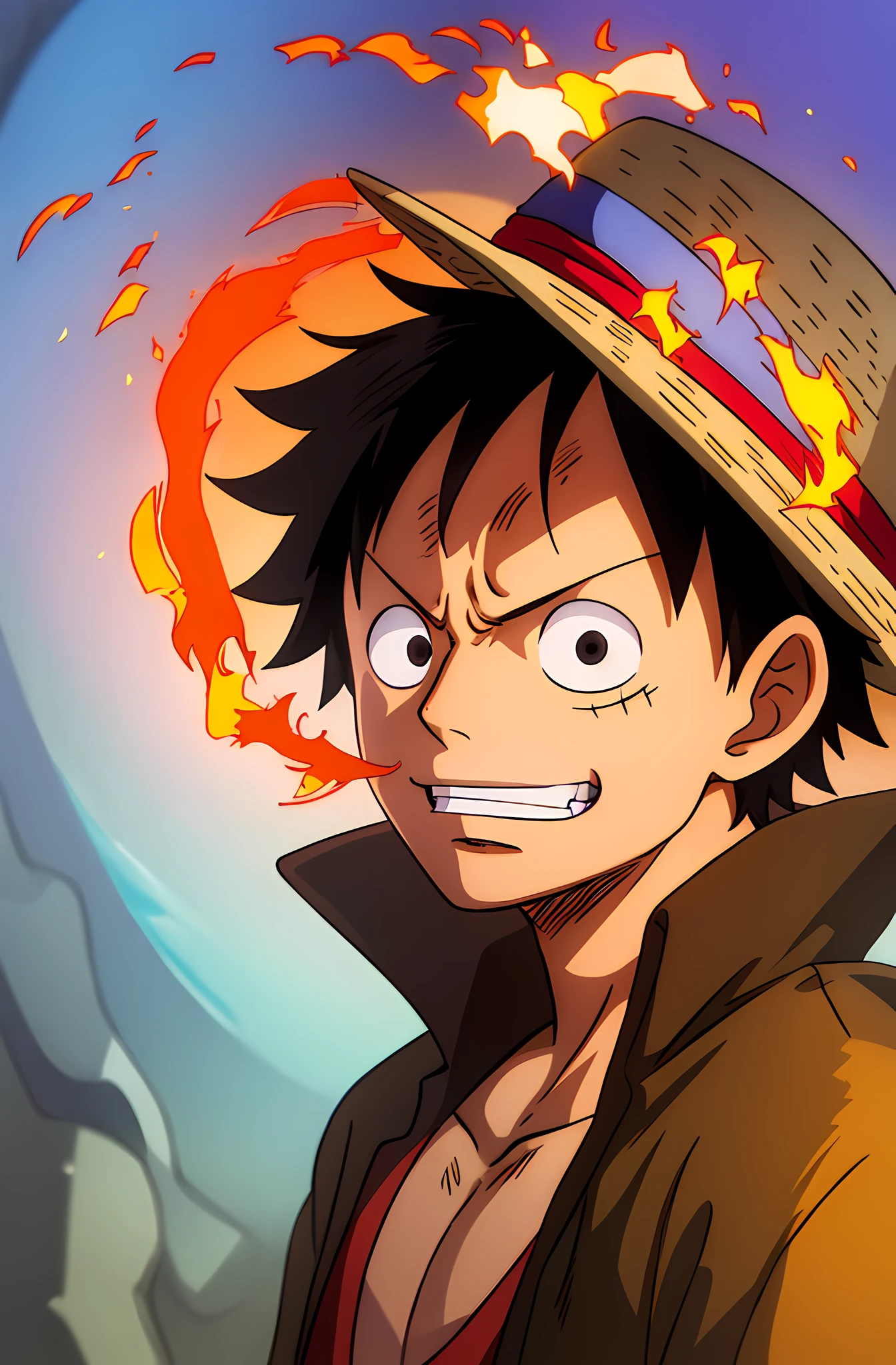 1boy, wanostyle, monkey d luffy, smiling, straw hat, looking at viewer, solo, upper body, ((masterpiece)), (best quality), (extremely detailed), depth of field, sketch, dark intensive shadows, sharp focus quality, soft lighting, HDR, colorful, good composition, fire all around, spectacular, mecha jacket, anime screenshots, scars under the eyes, ready to fight, black eyes, angry expression