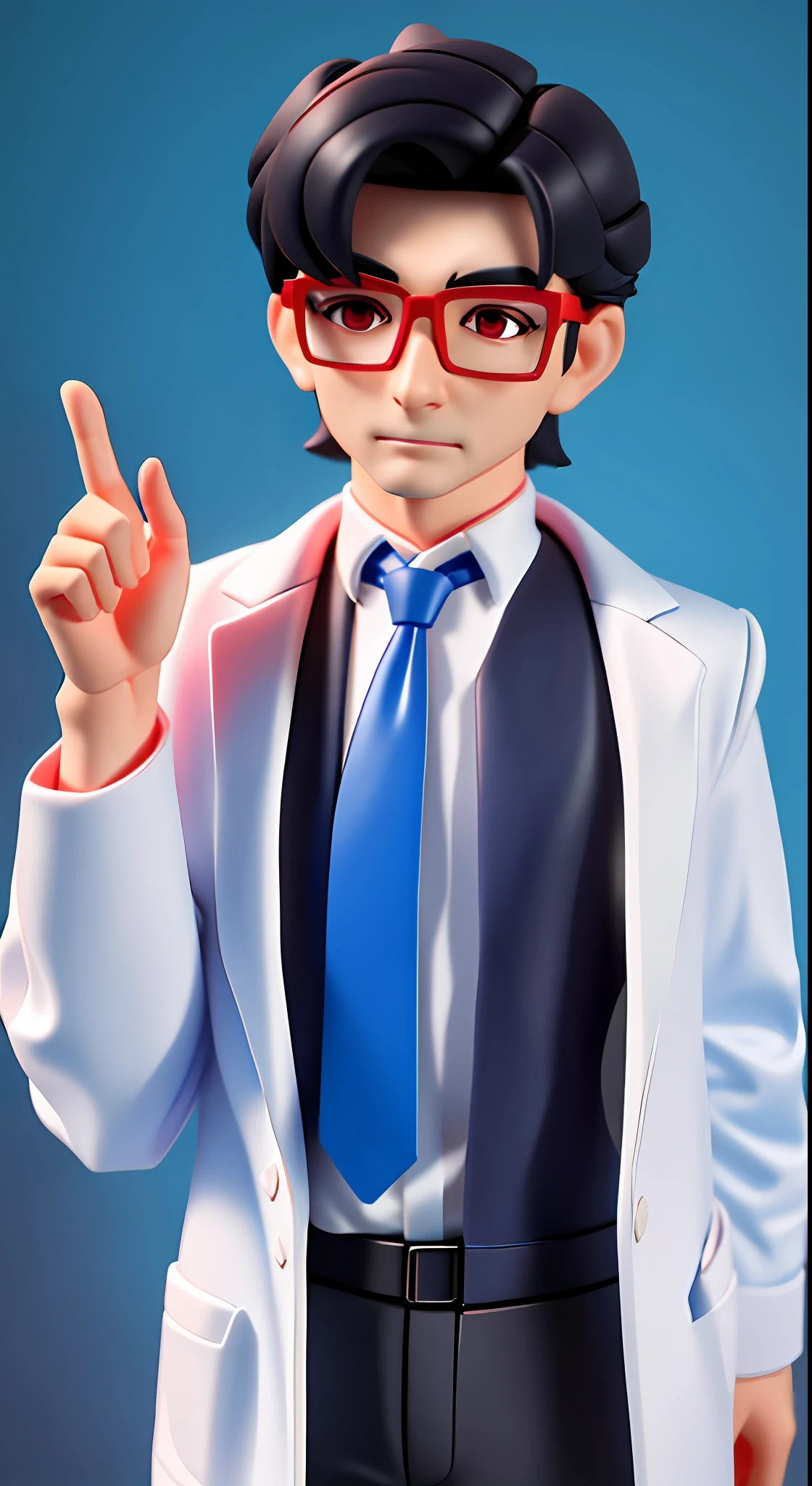 Blind box toy style, male doctor with glasses, black frames, black hair, wearing a white lab coat with a blue shirt and red tie underneath