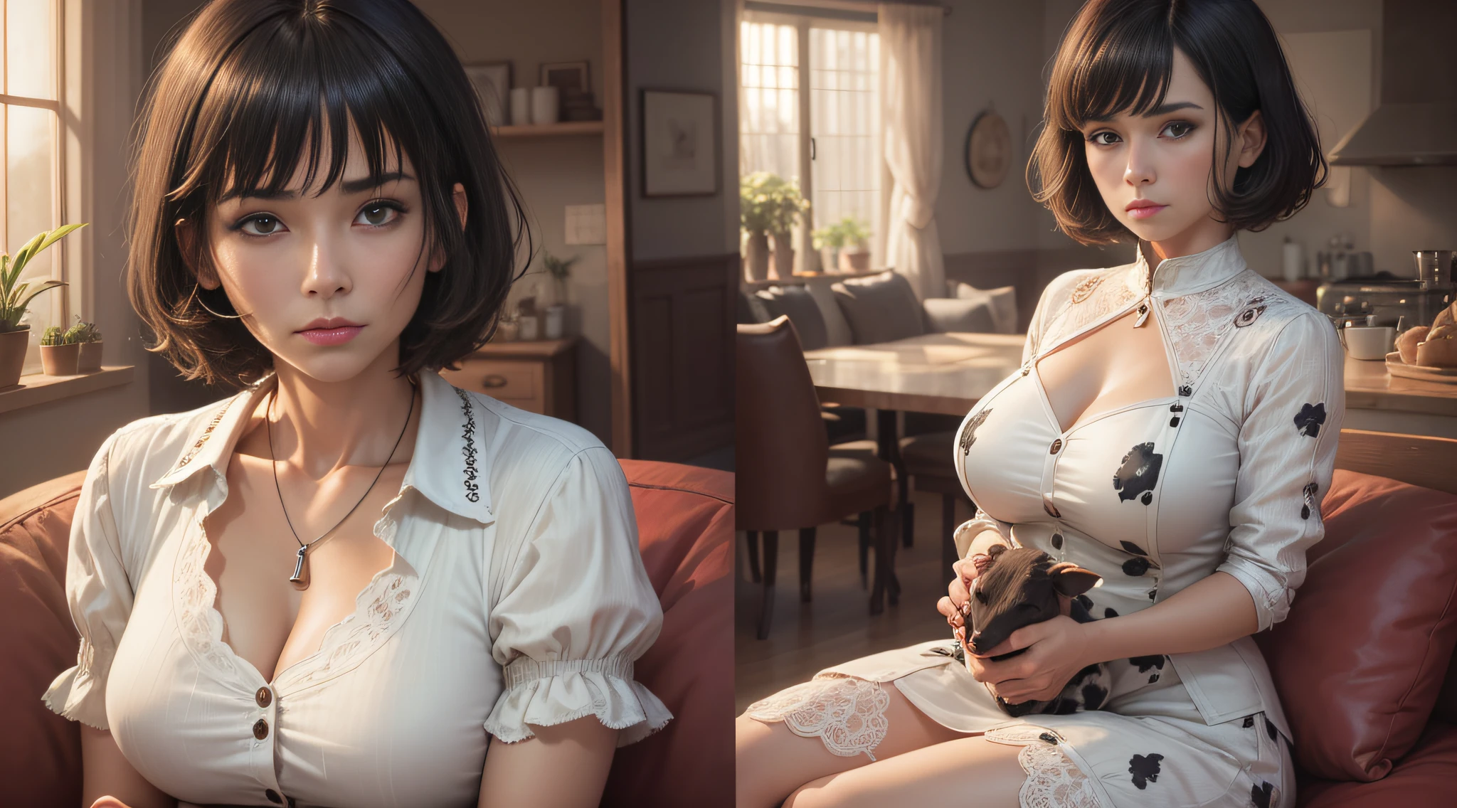 Woman, do sigh on sofa, (woman: 48 years old, short hair, straight hair, bangs, housewife, breeding cow woman), stereogram, anime, UHD, textured skin, high quality, high detail --auto --s2