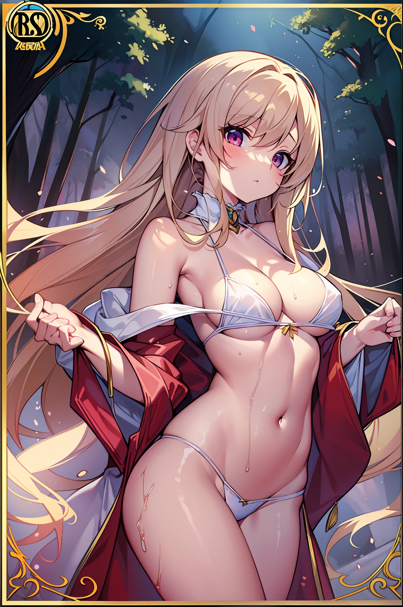 (MASTERPIECE), (Best Quality), (Ultra Detail), (Best Anatomy), Official Art, One Girl, Lori with Light Colored Hair, Petite Little Girl, Silk Robe, Small Breasts, Cleavage, Off Shoulder, Underboob, Side Boob, Thigh Focus, Navel Out, Low Angle, Wet Sheer, Breasts, Card Illustration, Sanctuary, Forest