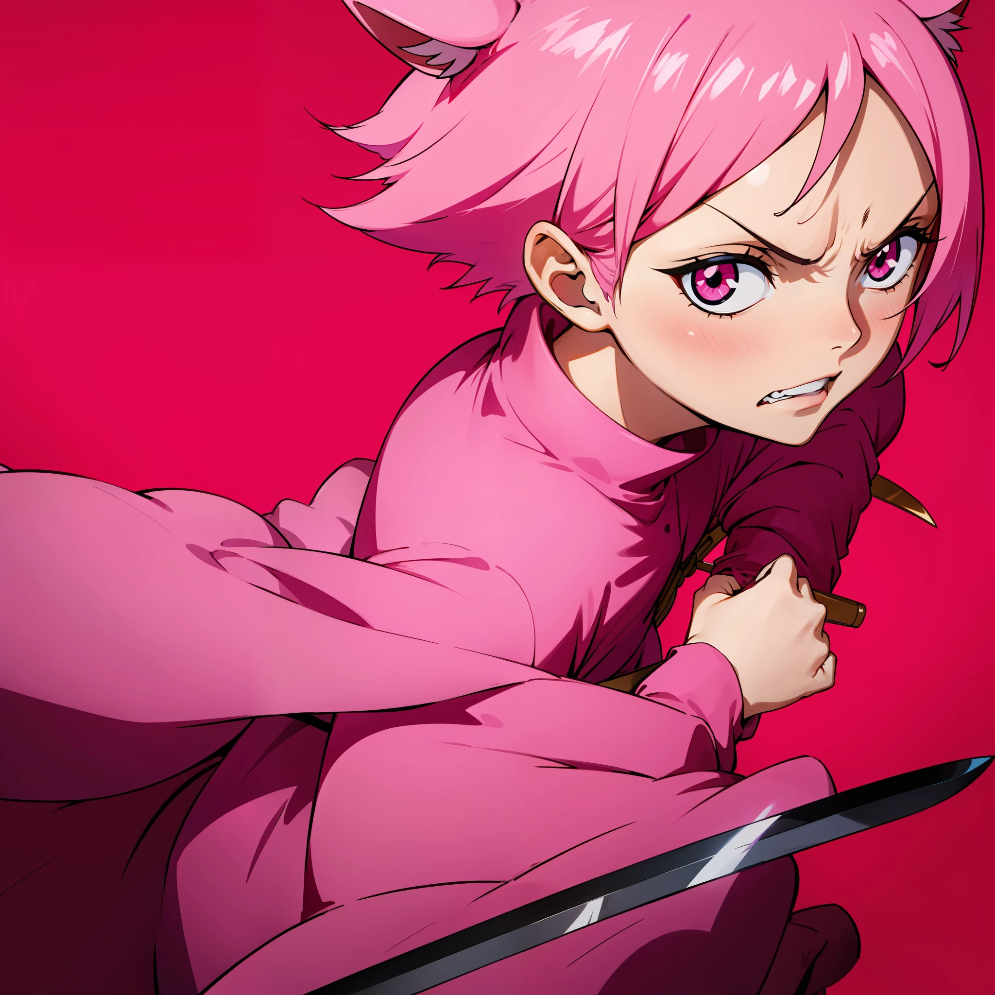 Pink hair, short hair, pink eyes, red ribbon, angry, catgirl, flat, sword