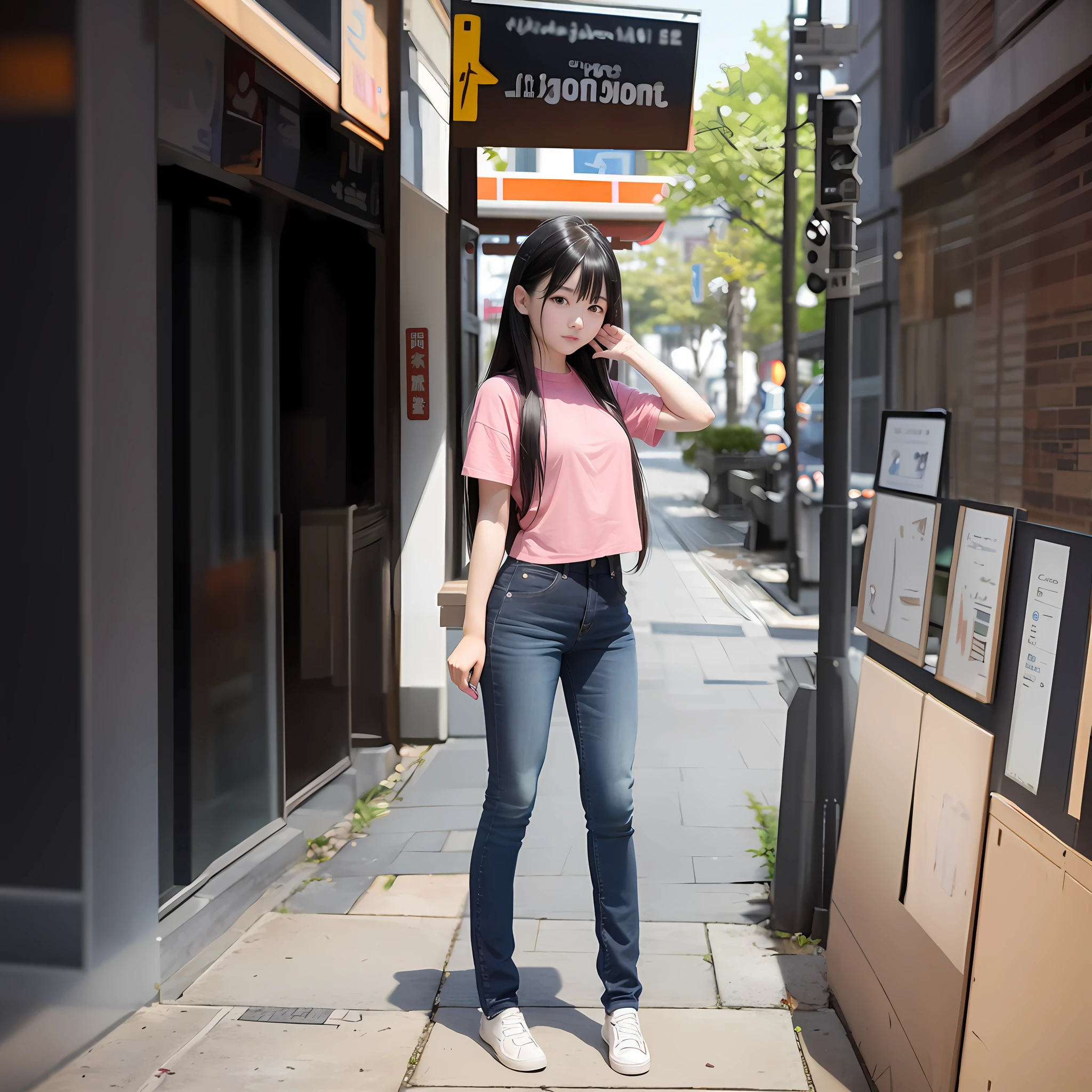 there is a woman standing on the sidewalk talking on a cell phone, taken with canon eos 5 d mark iv, taken with sigma 2 0 mm f 1. 4, standing in street, photo taken with sony a7r, taken with canon 5d mk4, standing in a city street, taken with canon eos 5 d, kawaii shirt and jeans