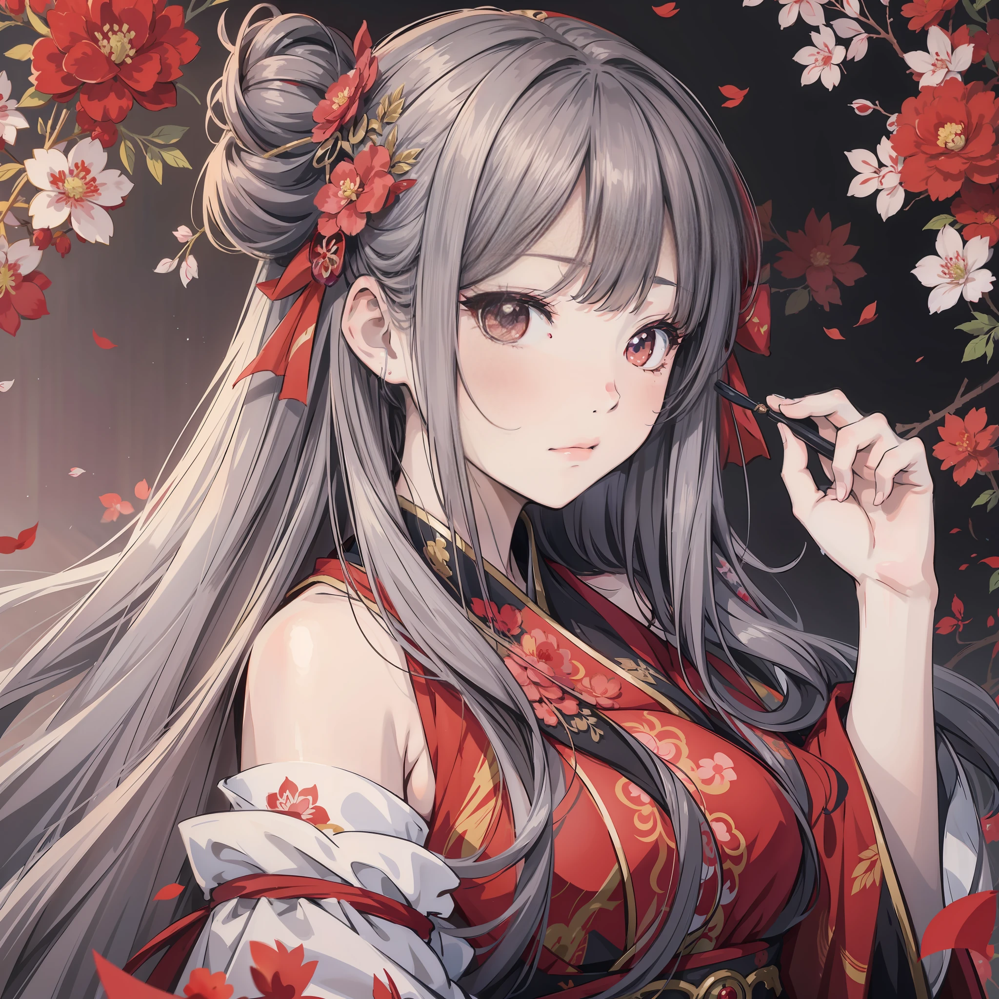 anime girl with long hair and red flowers in her hair, anime style 4 k, beautiful anime portrait, stunning anime face portrait, sakimi chan, palace , a girl in hanfu, artwork in the style of guweiz, anime style. 8k, guweiz, beautiful anime girl, beautiful anime face, cute anime girl, cute anime girl portrait